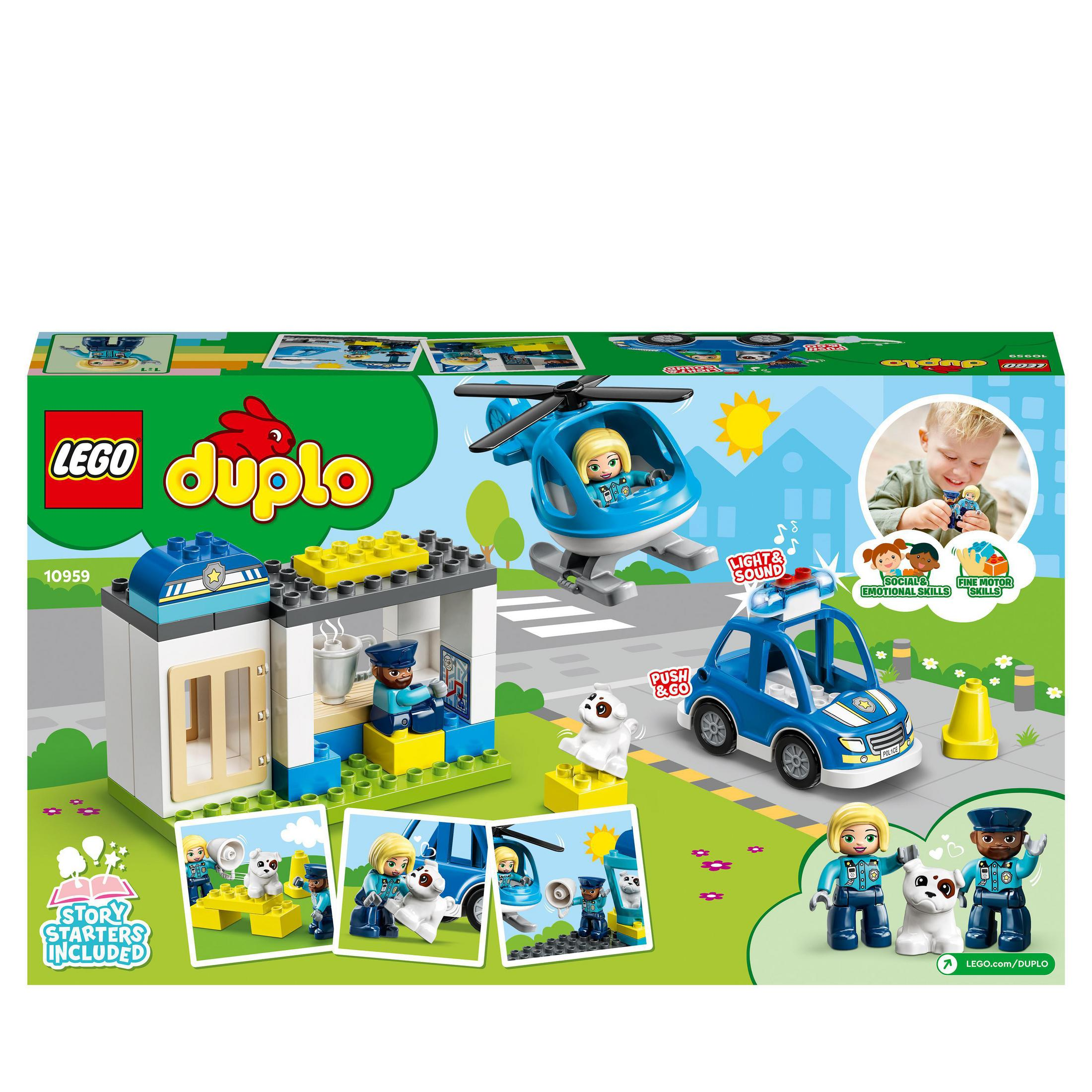 Set de caja de la estación de policía Lego Duplo. Incluye una estación de policía, helicóptero, coche y figuras.