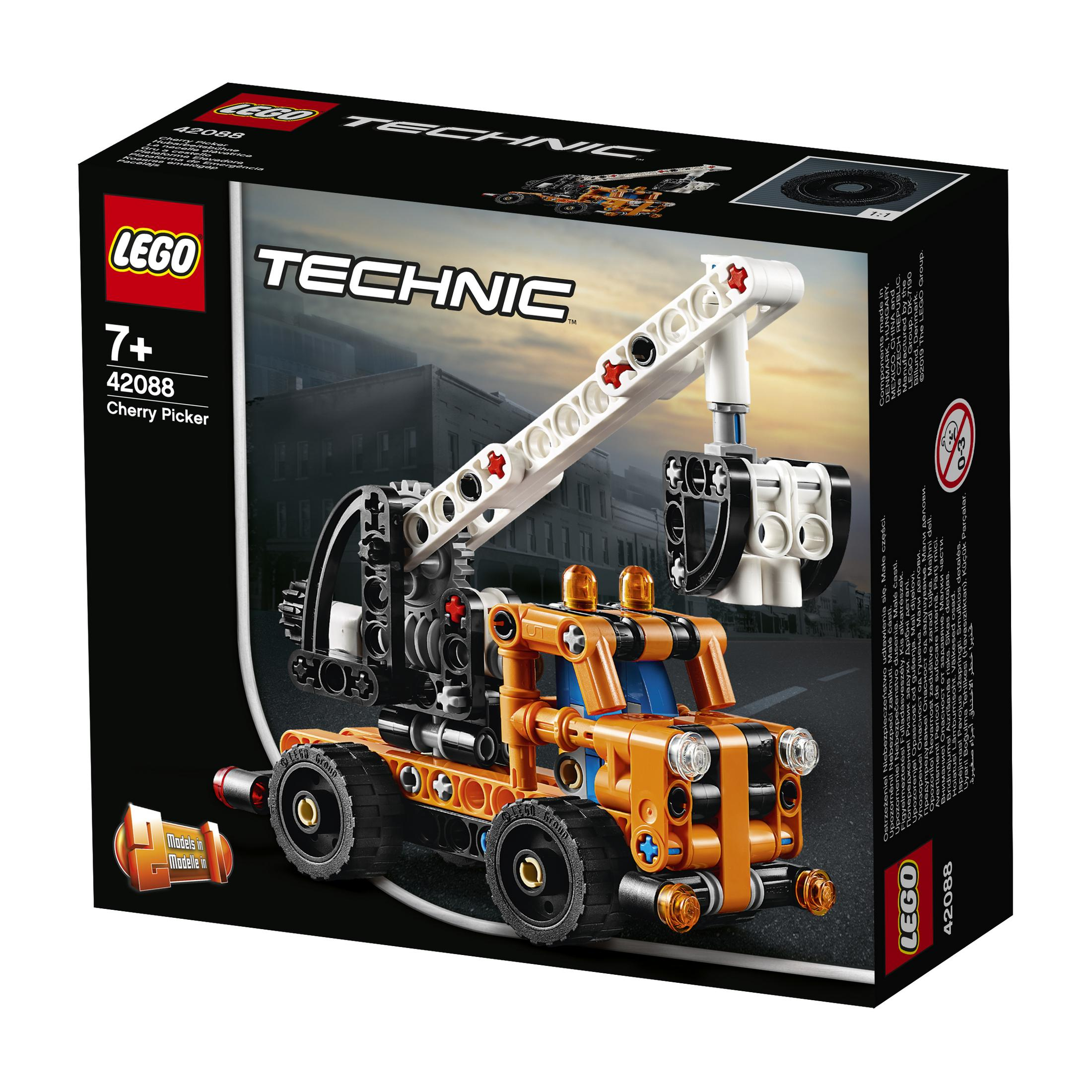 Lego Technic Cherry Picker set. The model is an orange and black construction vehicle.
