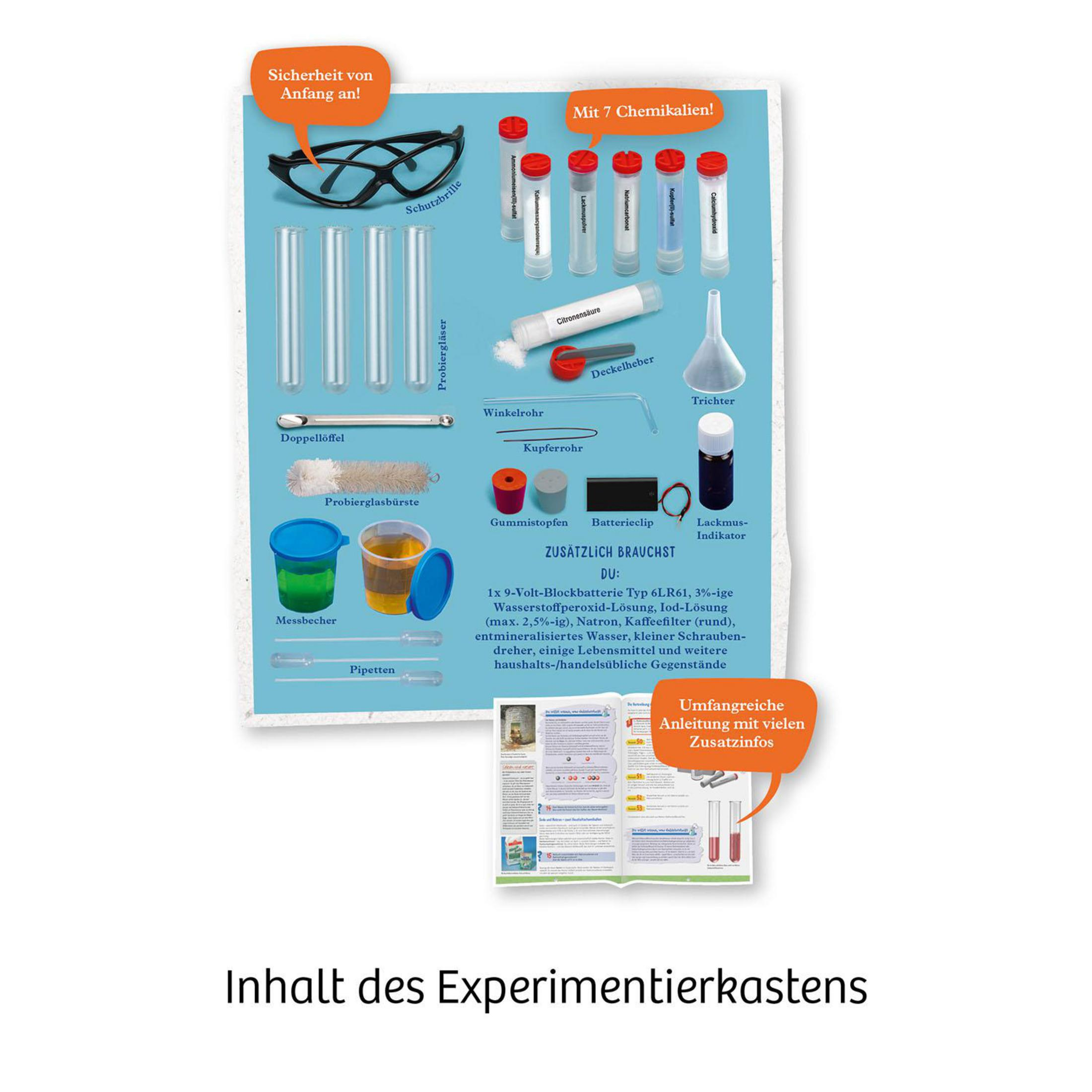 Un kit di esperimenti scientifici. Ha strumenti, prodotti chimici e un diagramma.