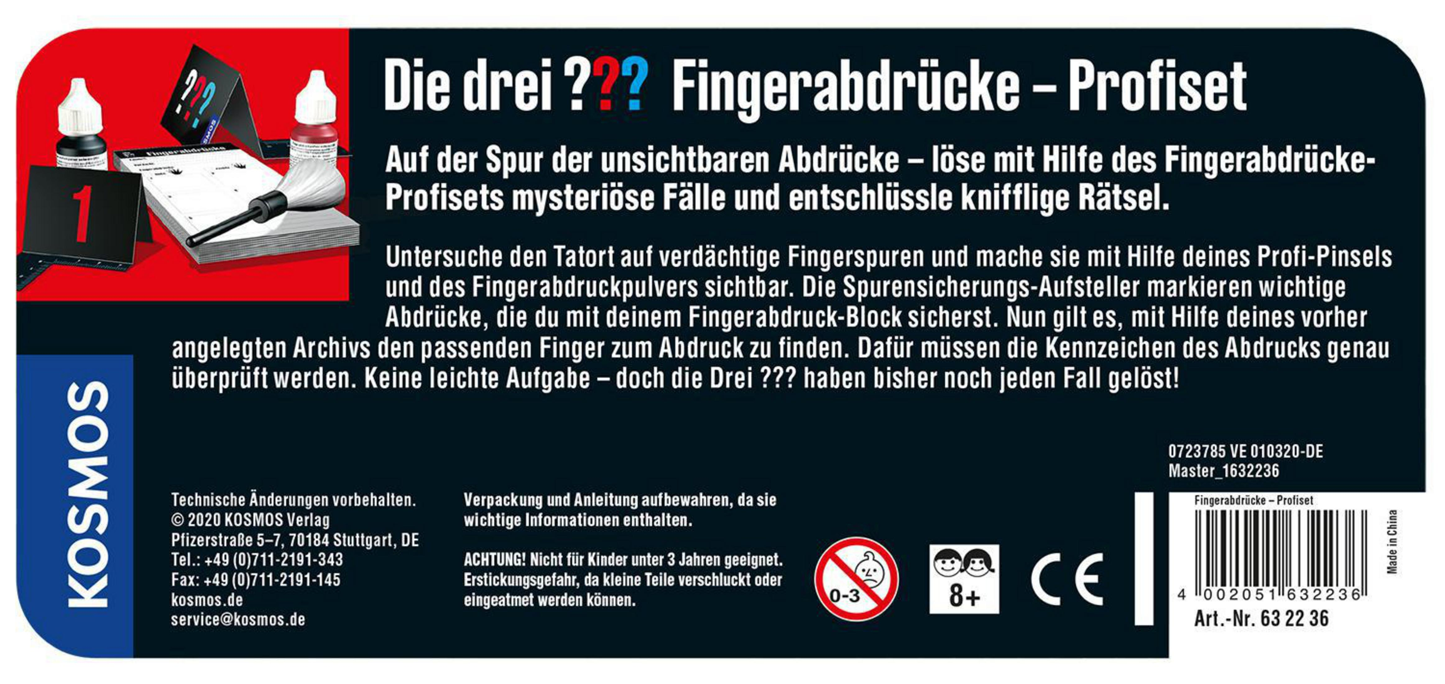 Schachtel mit der Aufschrift 'Die drei ??? Fingerabdrücke - Profiset'. Enthält Tintenflaschen, Pinsel und Fingerabdruckkarte.
