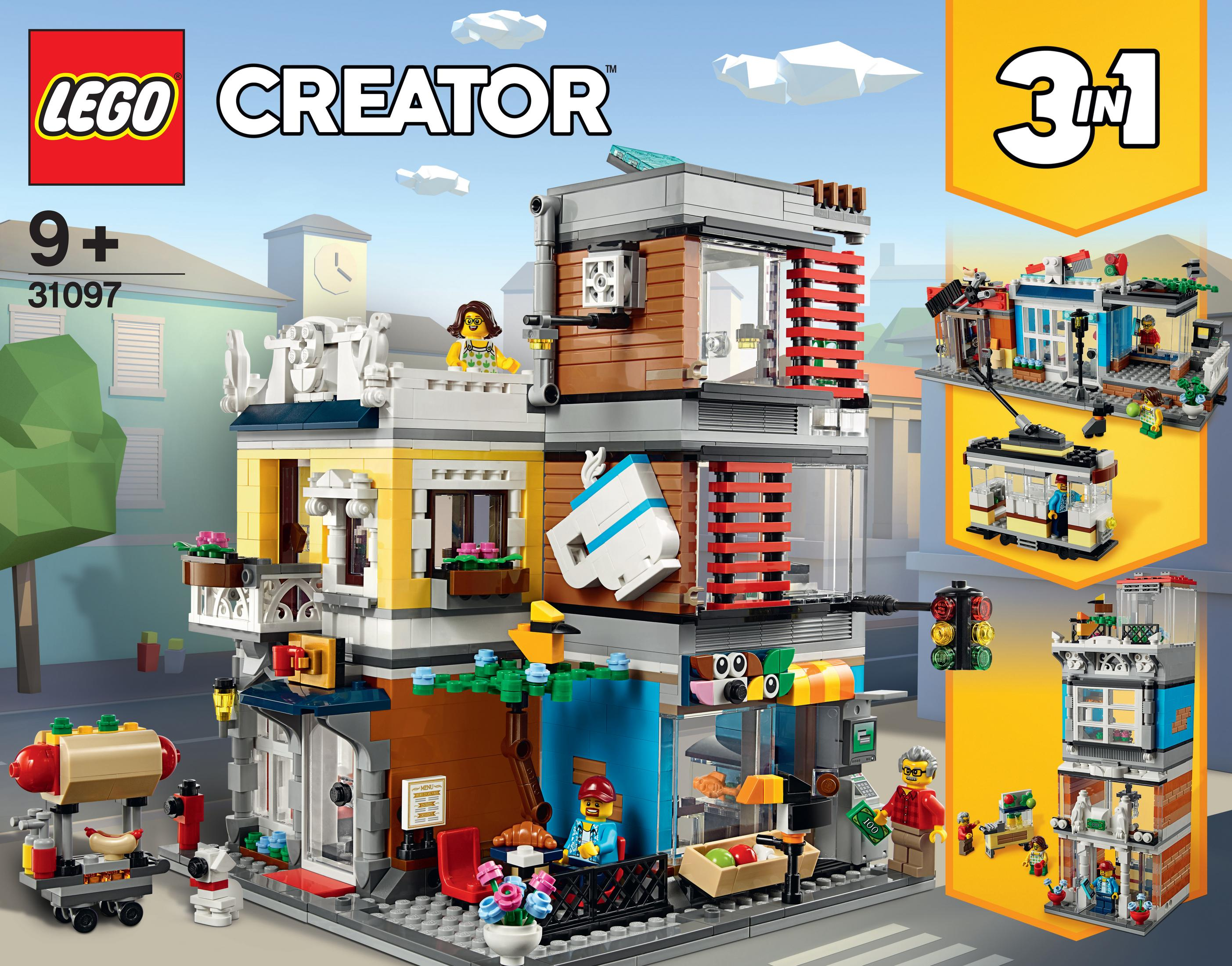 Pudełko zestawu LEGO Creator 3 w 1. Przedstawia miejską scenę budowlaną z wieloma sklepami.