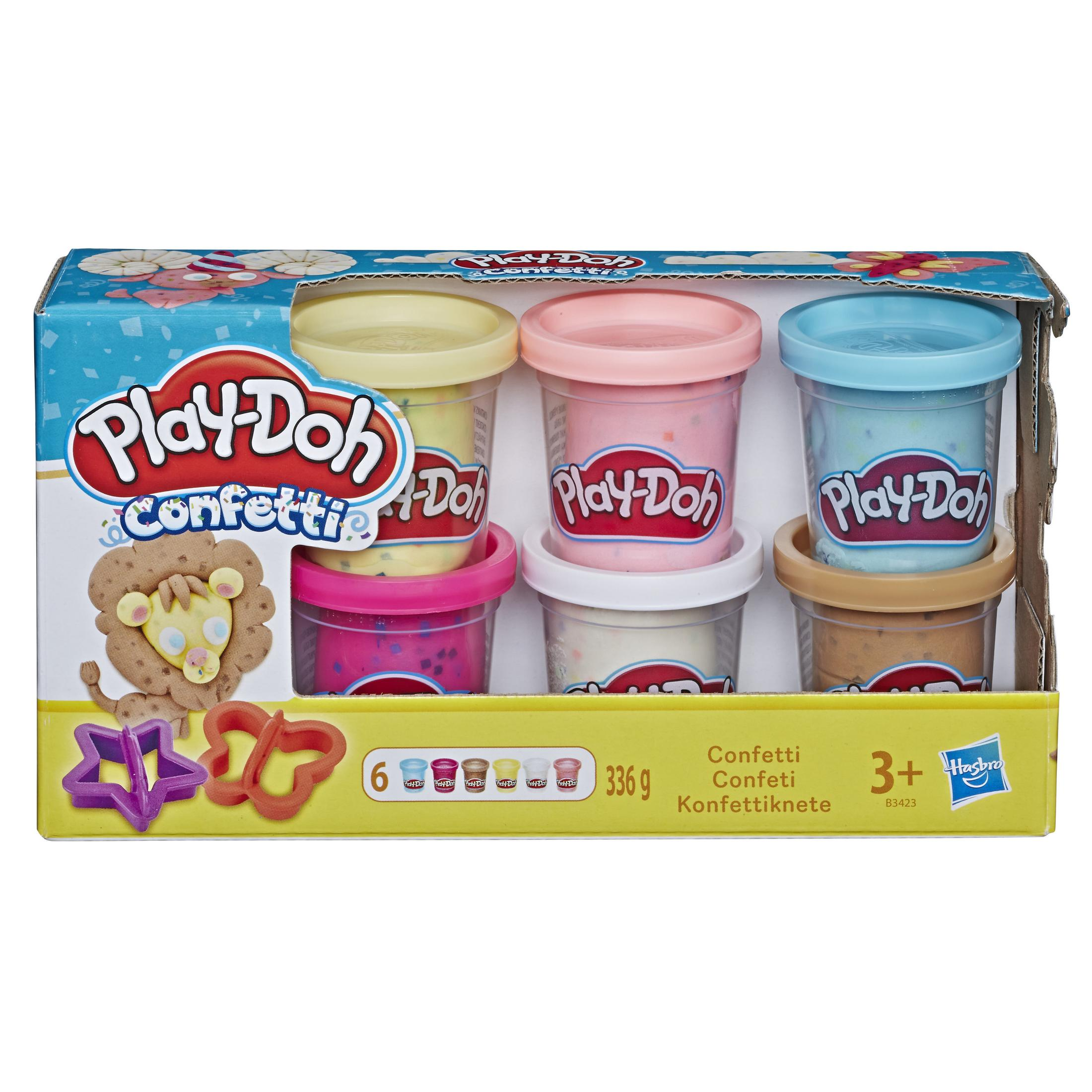 Play-Doh Konfetti-Set mit sechs Dosen in verschiedenen Farben und Ausstechformen.