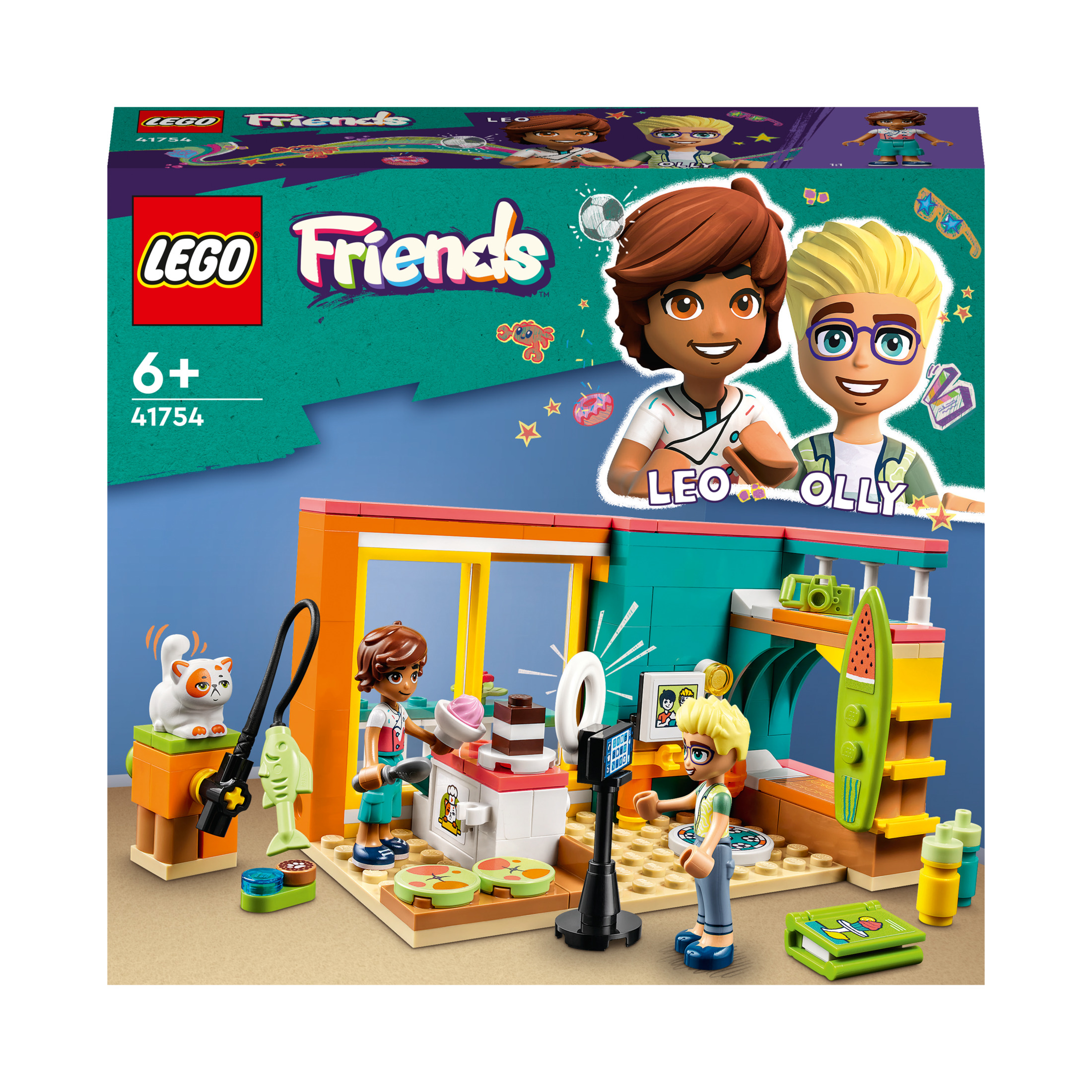 Un coffret Lego Friends montre une scène avec des figurines Lego, dont un chat et un gâteau.