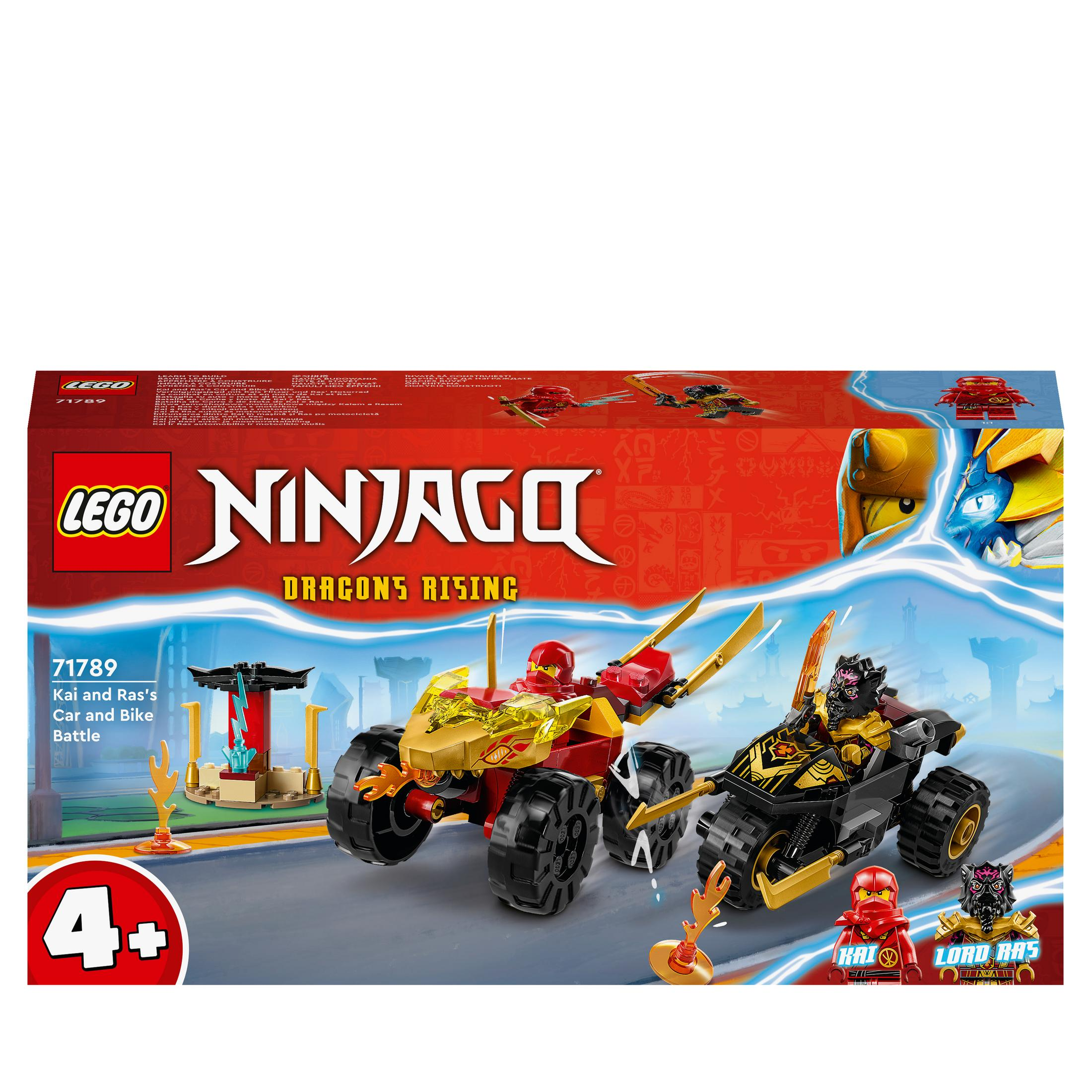 Lego Ninjago boxset met twee auto's en minifiguren. Voorzien van rode en zwarte voertuigen op een baan.