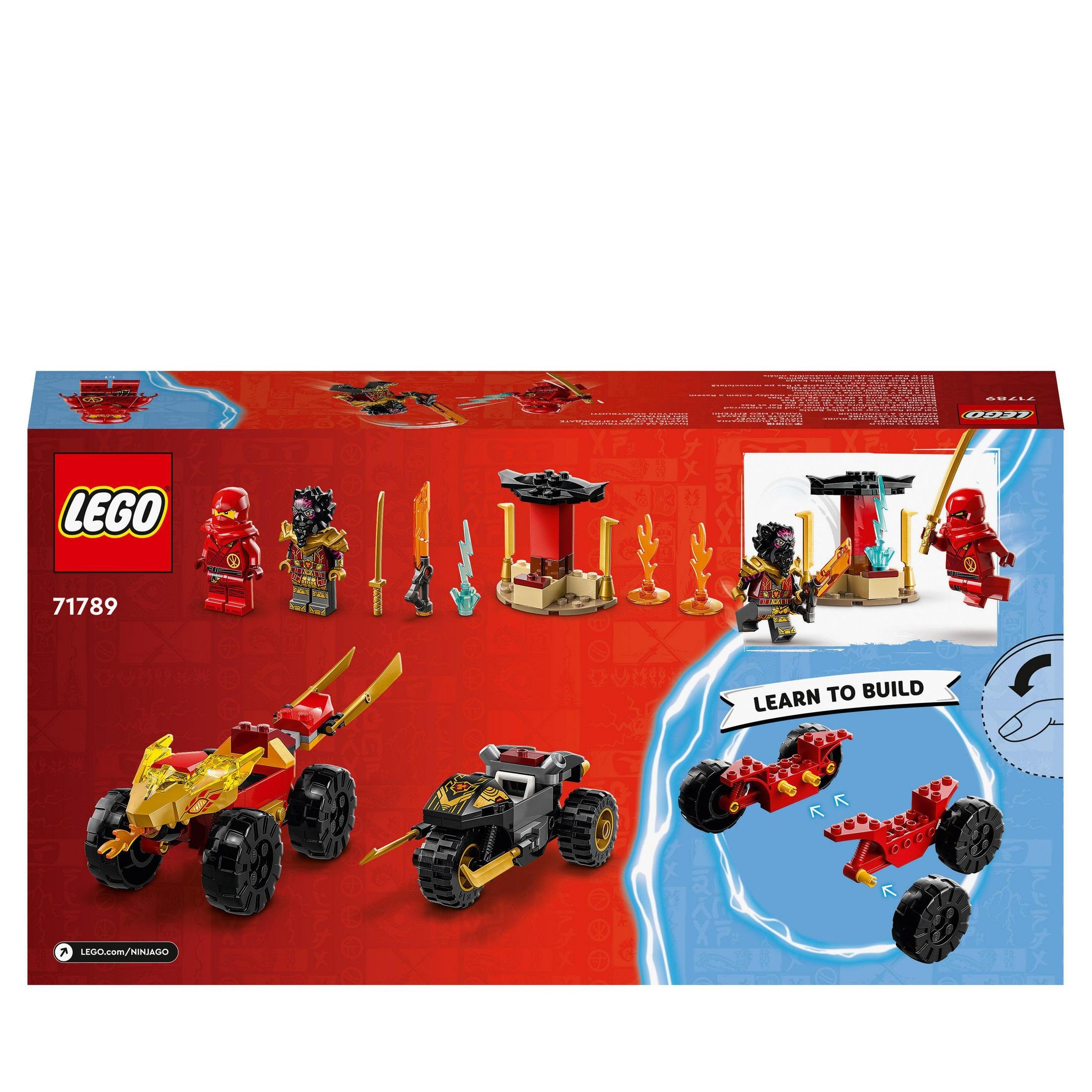 Lego Ninjago box set met rode en zwarte ninja figuren, voertuigen en een gebouw.