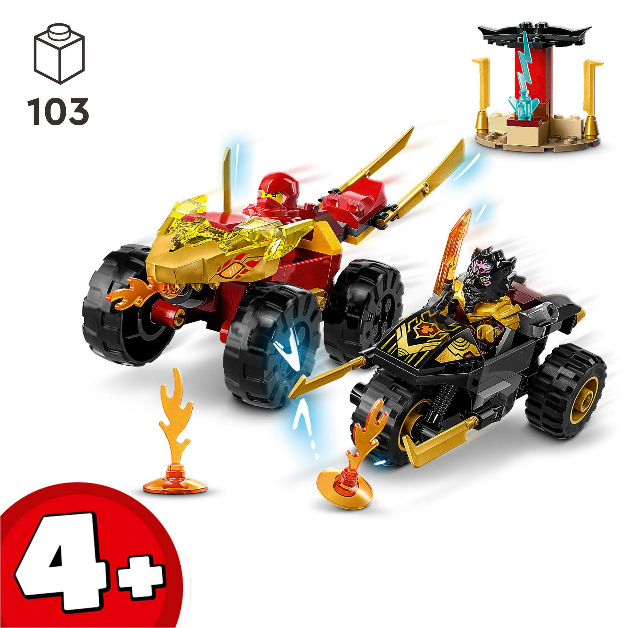 Lego Ninjago set met twee voertuigen en een kleine structuur.