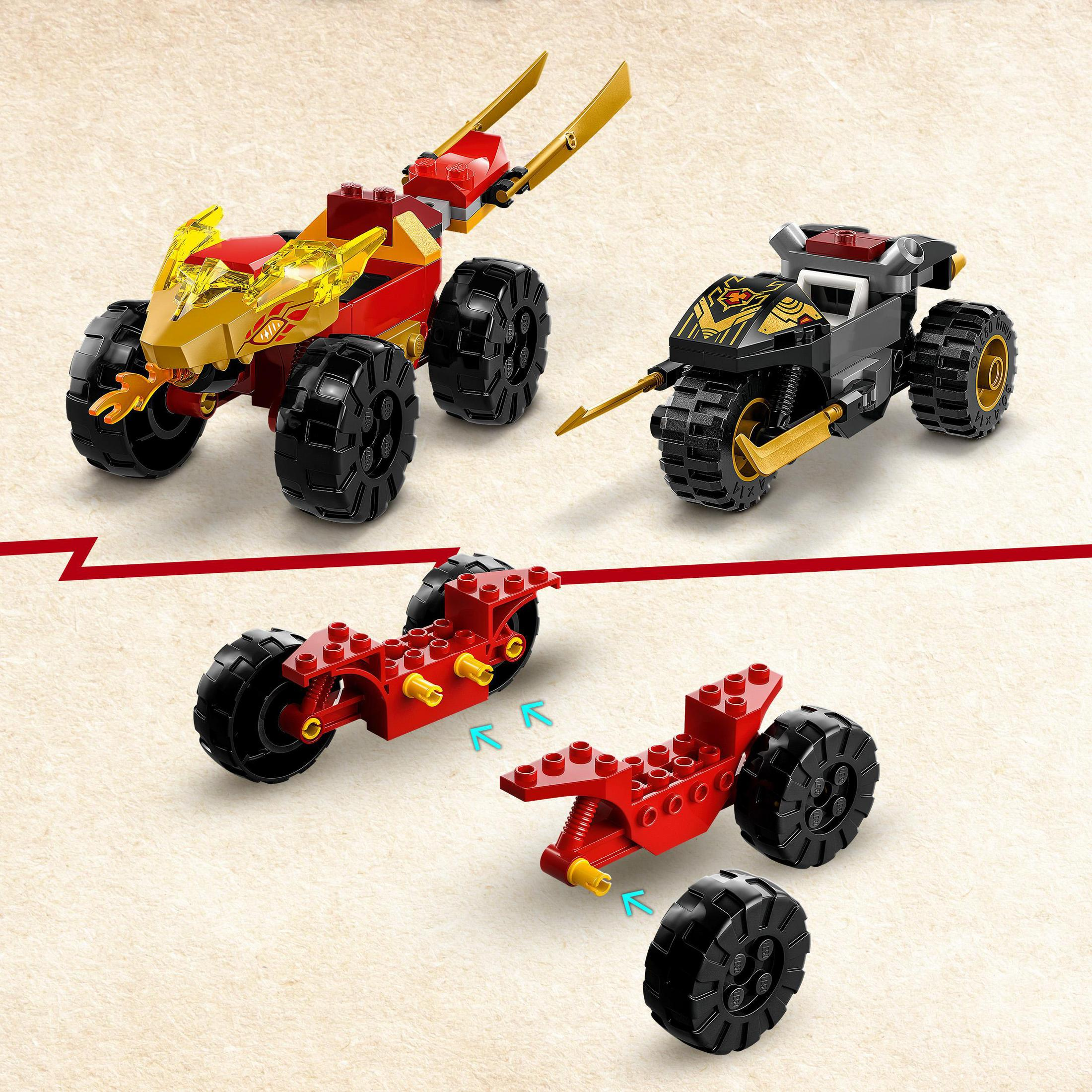 Lego voertuigen in rood en zwart. Onderdelen in exploded view. Twee auto's worden getoond.