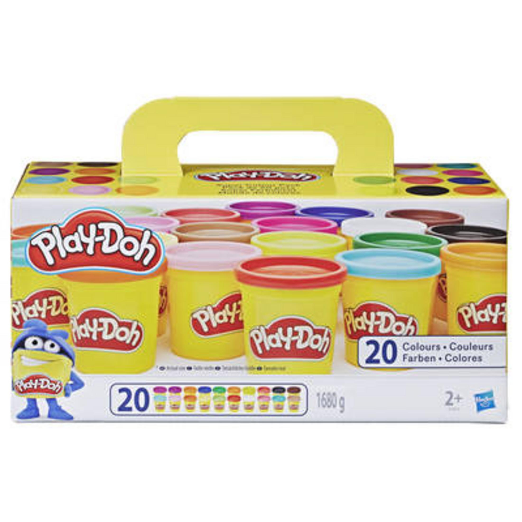 Eine Schachtel Play-Doh mit 20 farbigen Tuben. Die Box hat einen Griff und Bilder von Play-Doh-Charakteren.