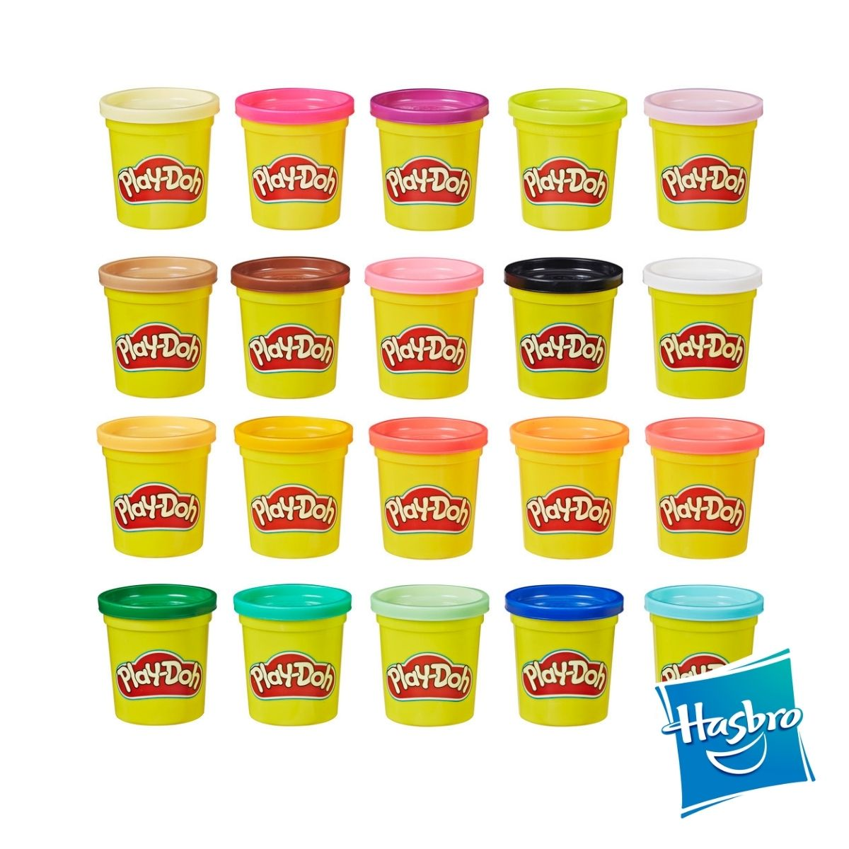 Reihen von Play-Doh-Töpfen in verschiedenen Farben, angeordnet auf weißem Hintergrund.
