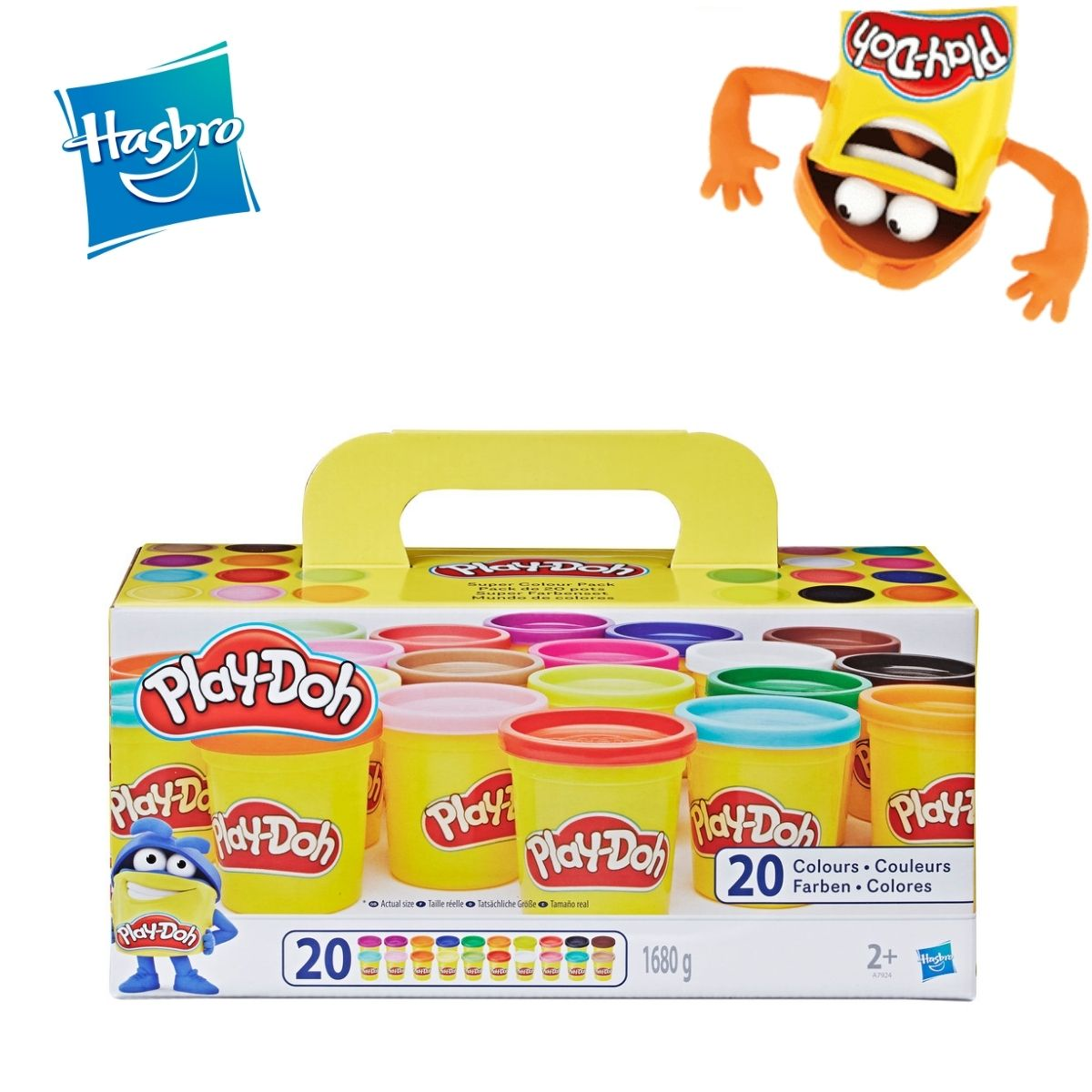 Eine Packung Play-Doh. Die Box hat 20 Farben und eine Zeichentrickfigur auf der Vorderseite. Oben befindet sich eine orange Figur.