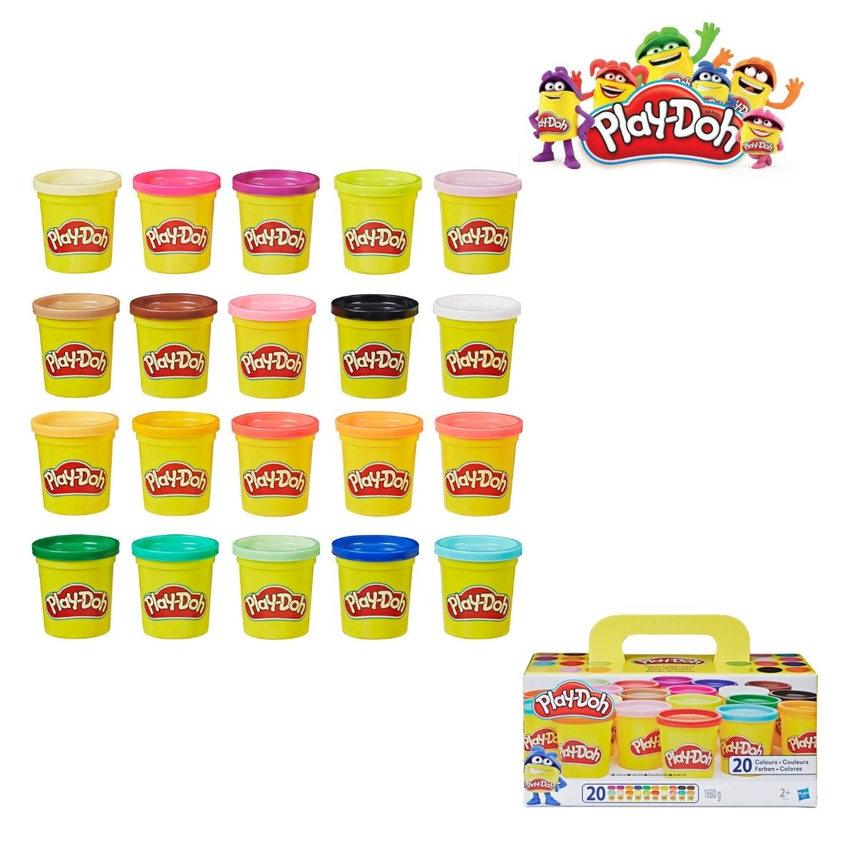 Mehrere Dosen Play-Doh in verschiedenen Farben, mit Play-Doh-Logo und Verpackung.