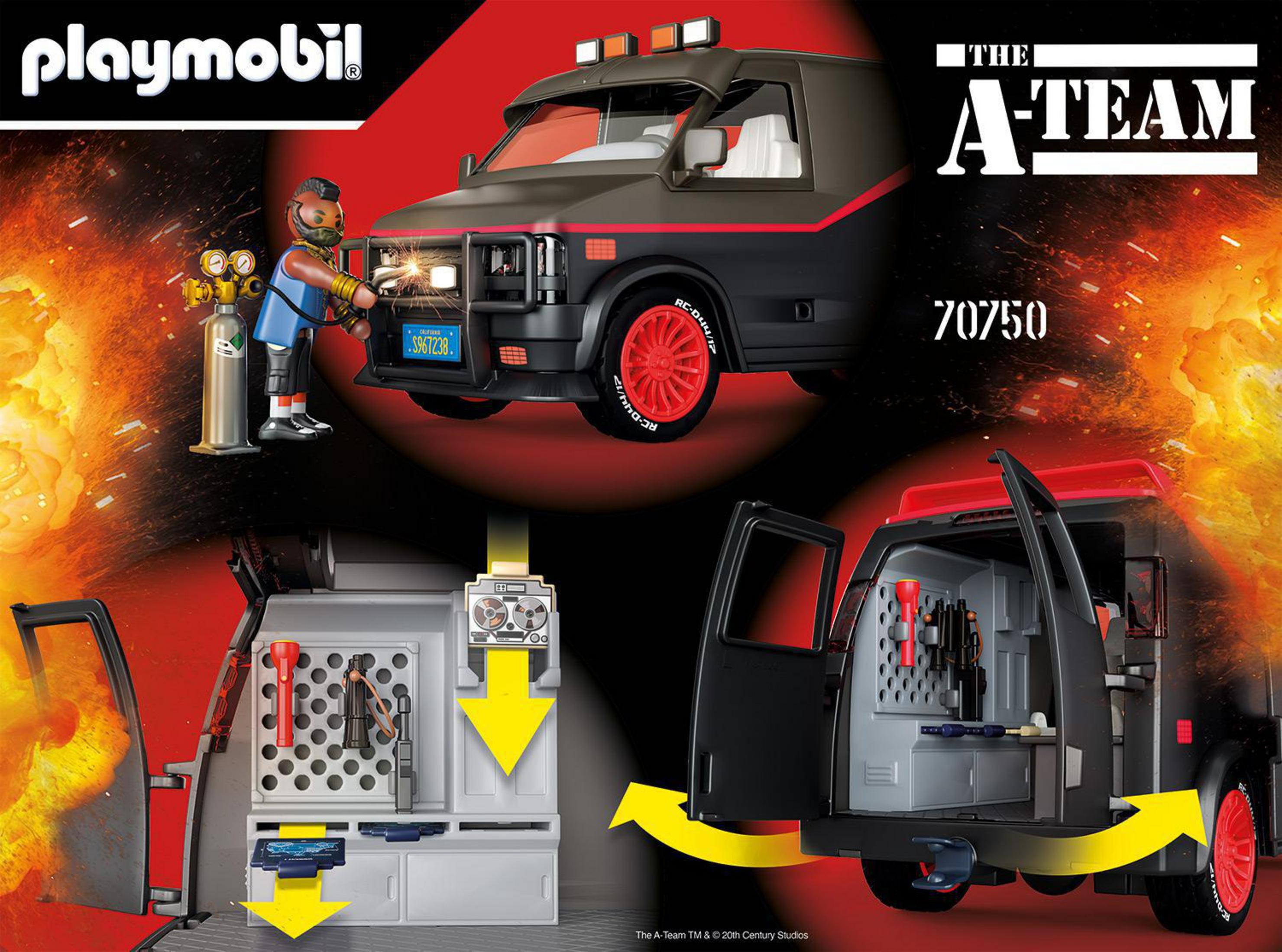 Playmobil A-Team van with a figure welding. Interior details visible.