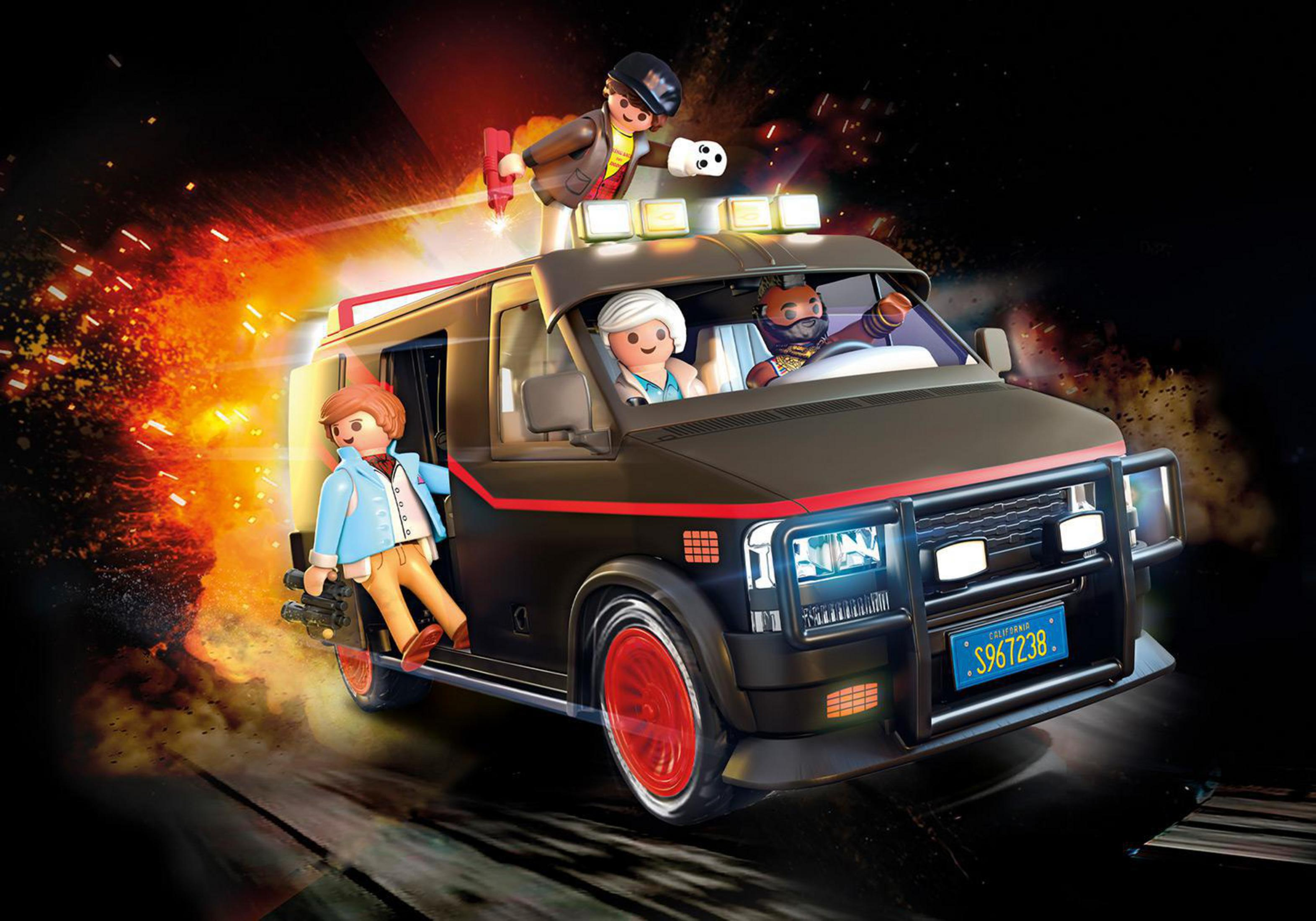Black Playmobil van with figures on top, explosion effect, and a dynamic background.
