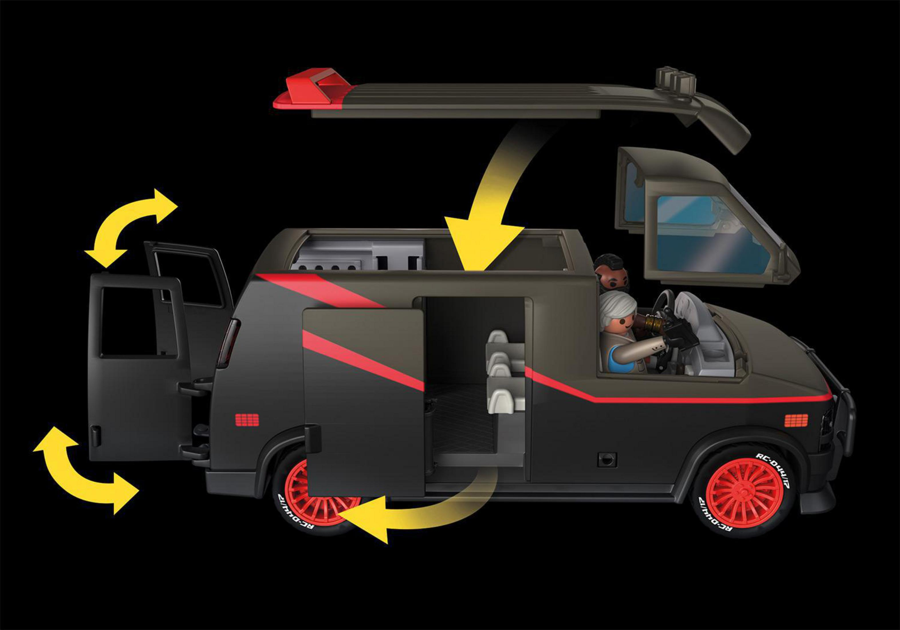 Playmobil A-Team van with opening doors and roof. Two figures inside, black with red stripes and wheels.