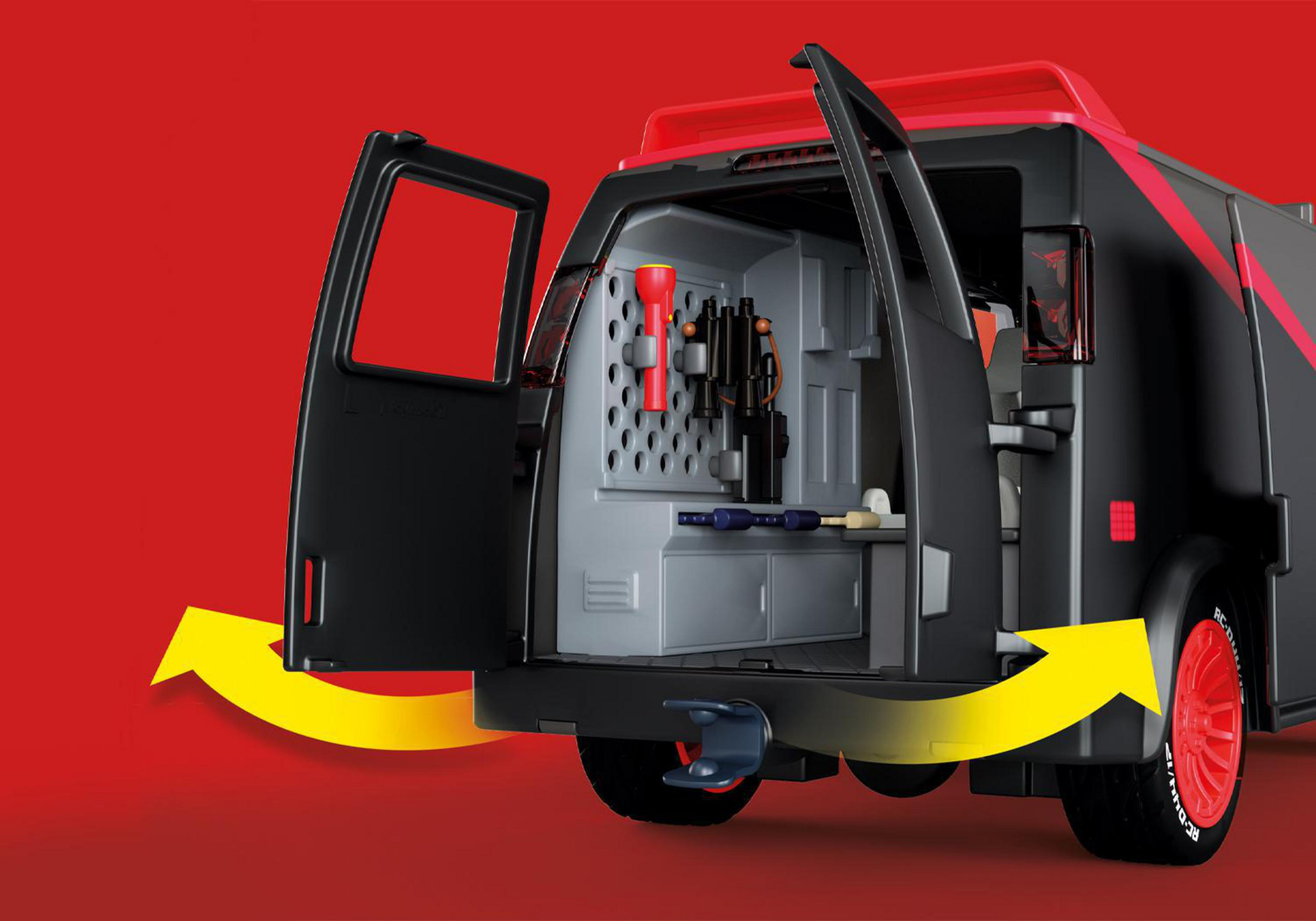 Black van with open doors, red accents, and a visible interior with tools.