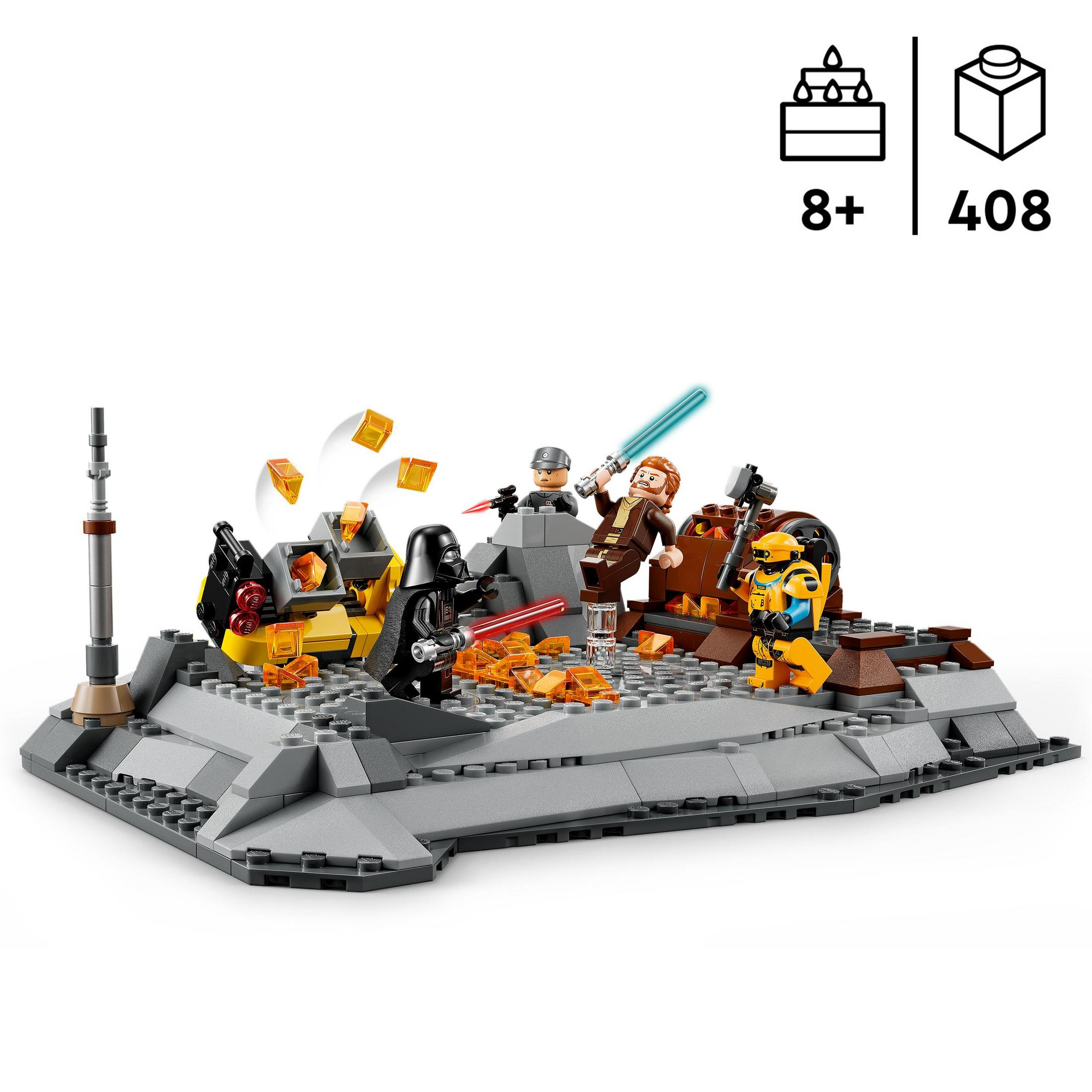 LEGO-Set zeigt eine Star Wars-Szene. Darth Vader und andere Charaktere kämpfen auf einer grauen Plattform mit Explosionen.