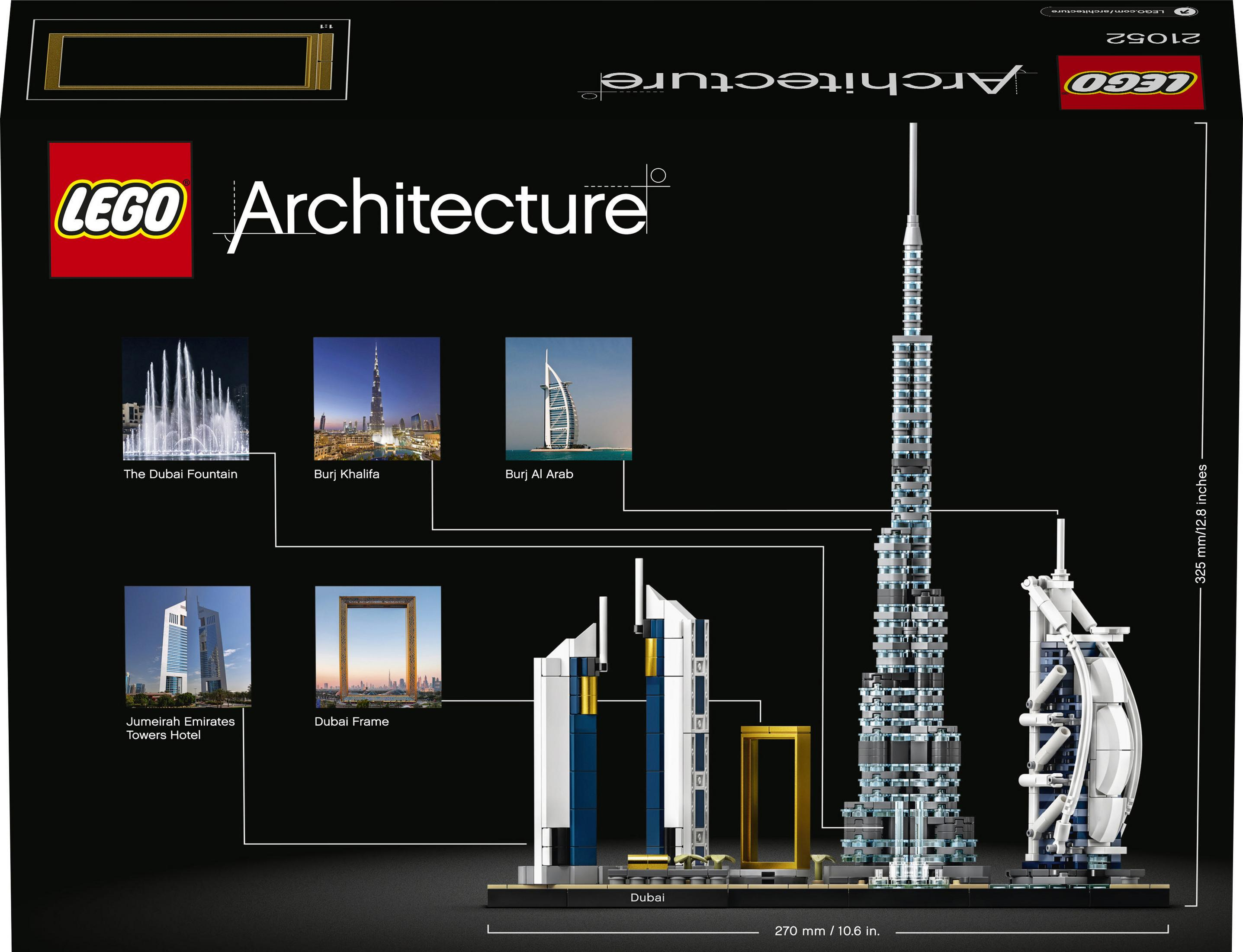 Lego Architecture Box. Zeigt Dubai Gebäude: Burj Khalifa, Burj Al Arab, Dubai Frame, etc.
