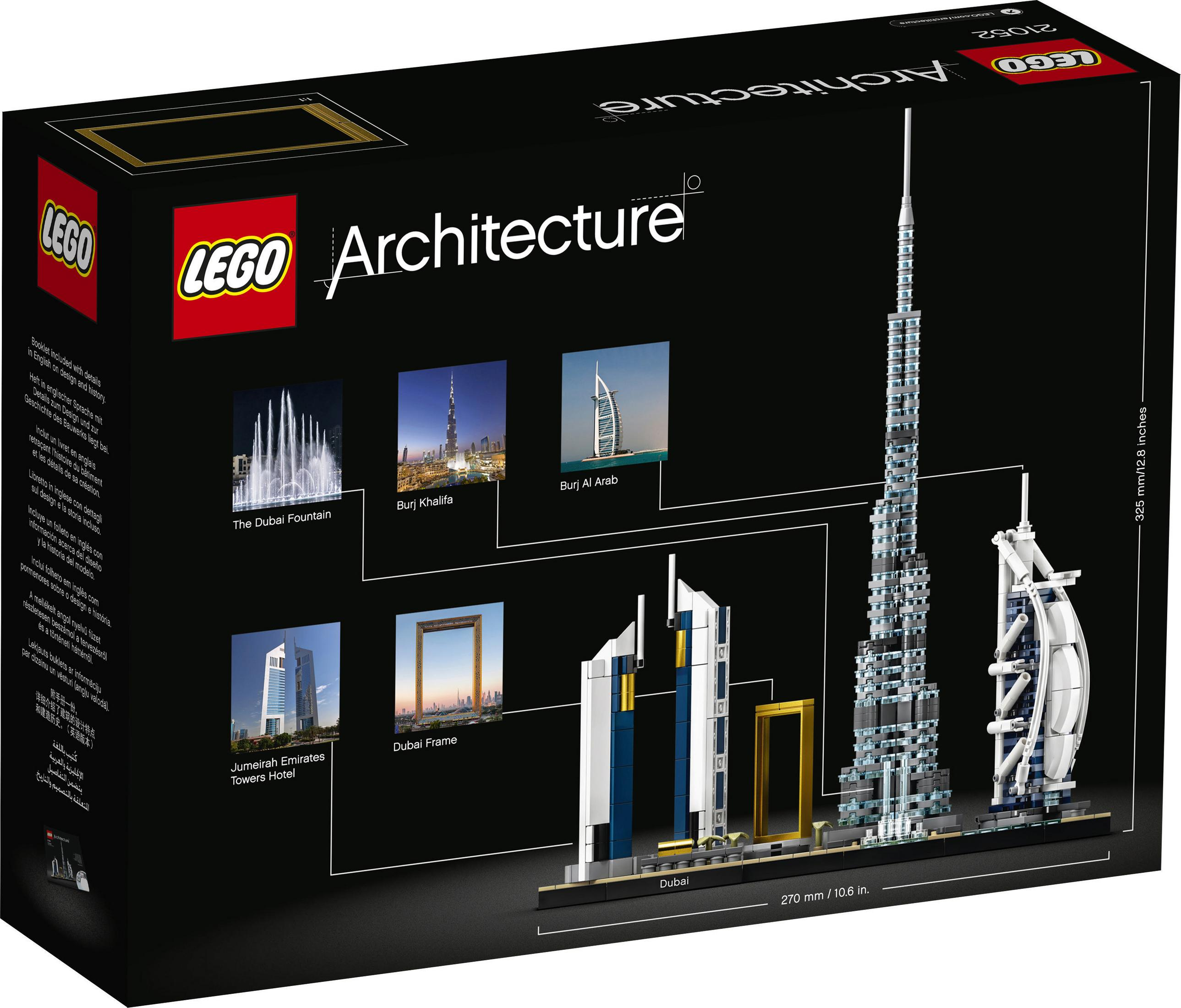 LEGO Architektur-Set-Box. Zeigt Gebäude in Dubai, darunter Burj Khalifa, Burj Al Arab und Dubai Frame.