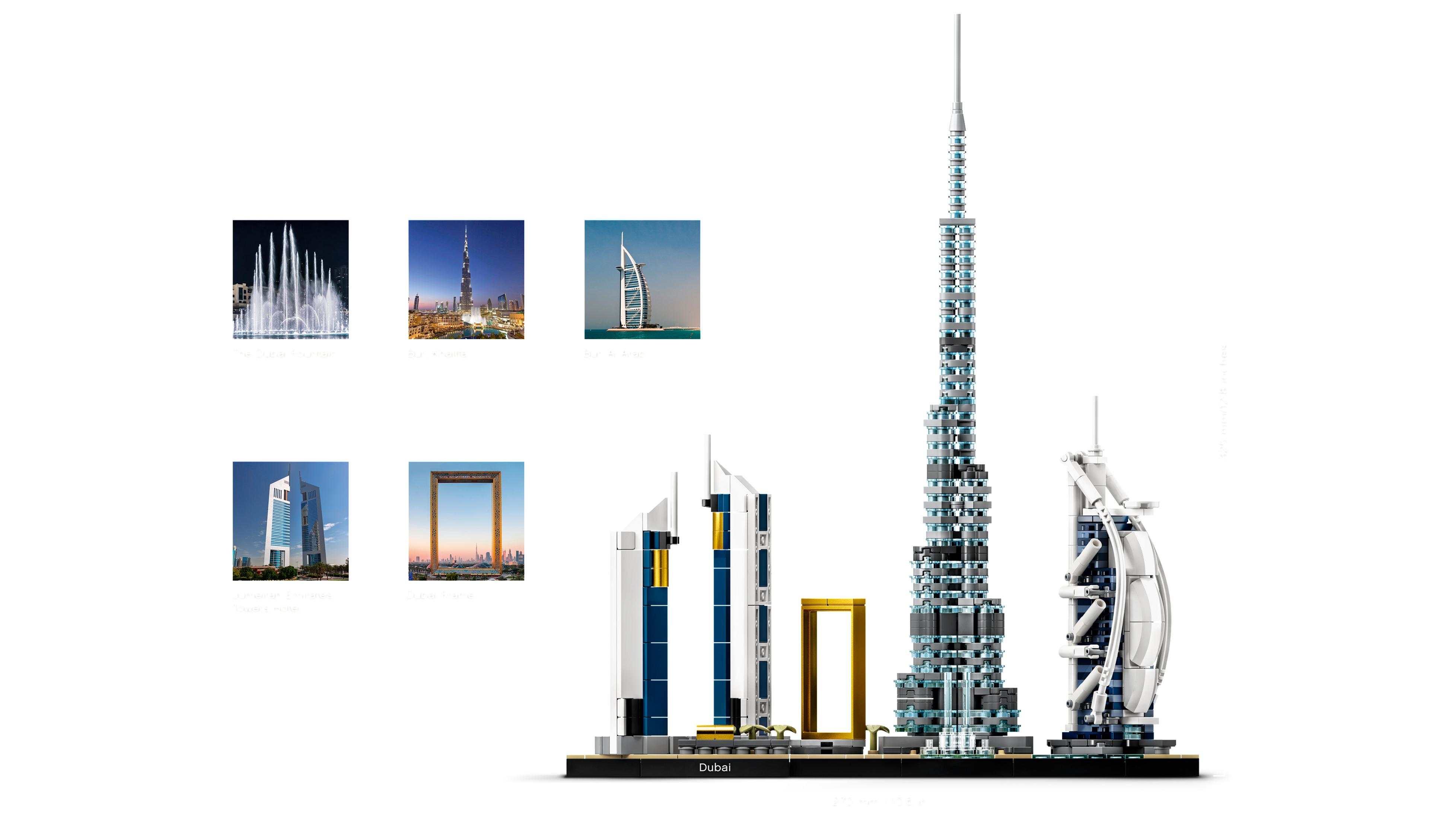 Lego Dubai Skyline: Burj Khalifa, Burj Al Arab und andere Wolkenkratzer. Der Dubai Frame ist ebenfalls zu sehen.