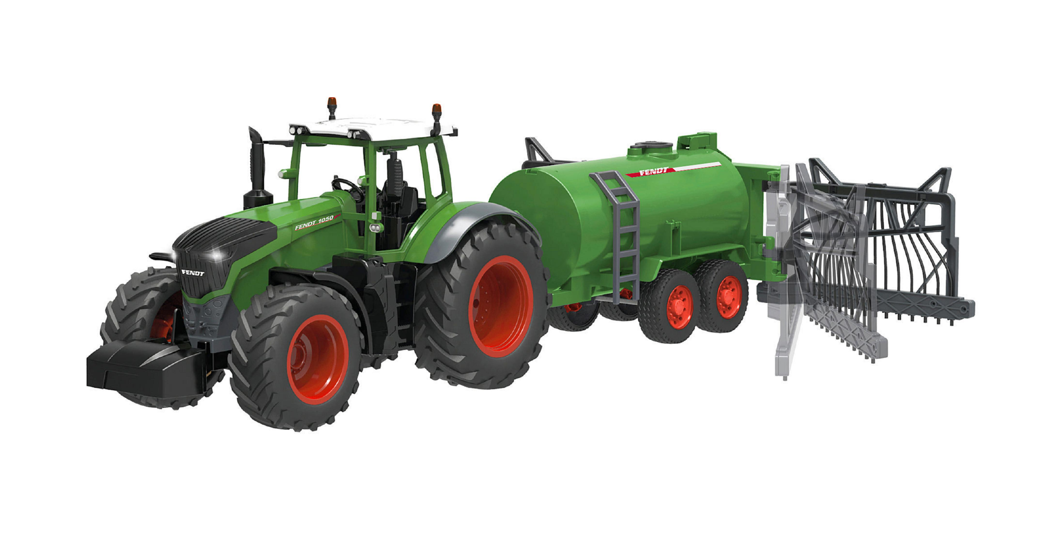 Grüner Spielzeugtraktor mit grünem Tankanhänger, vor weißem Hintergrund.