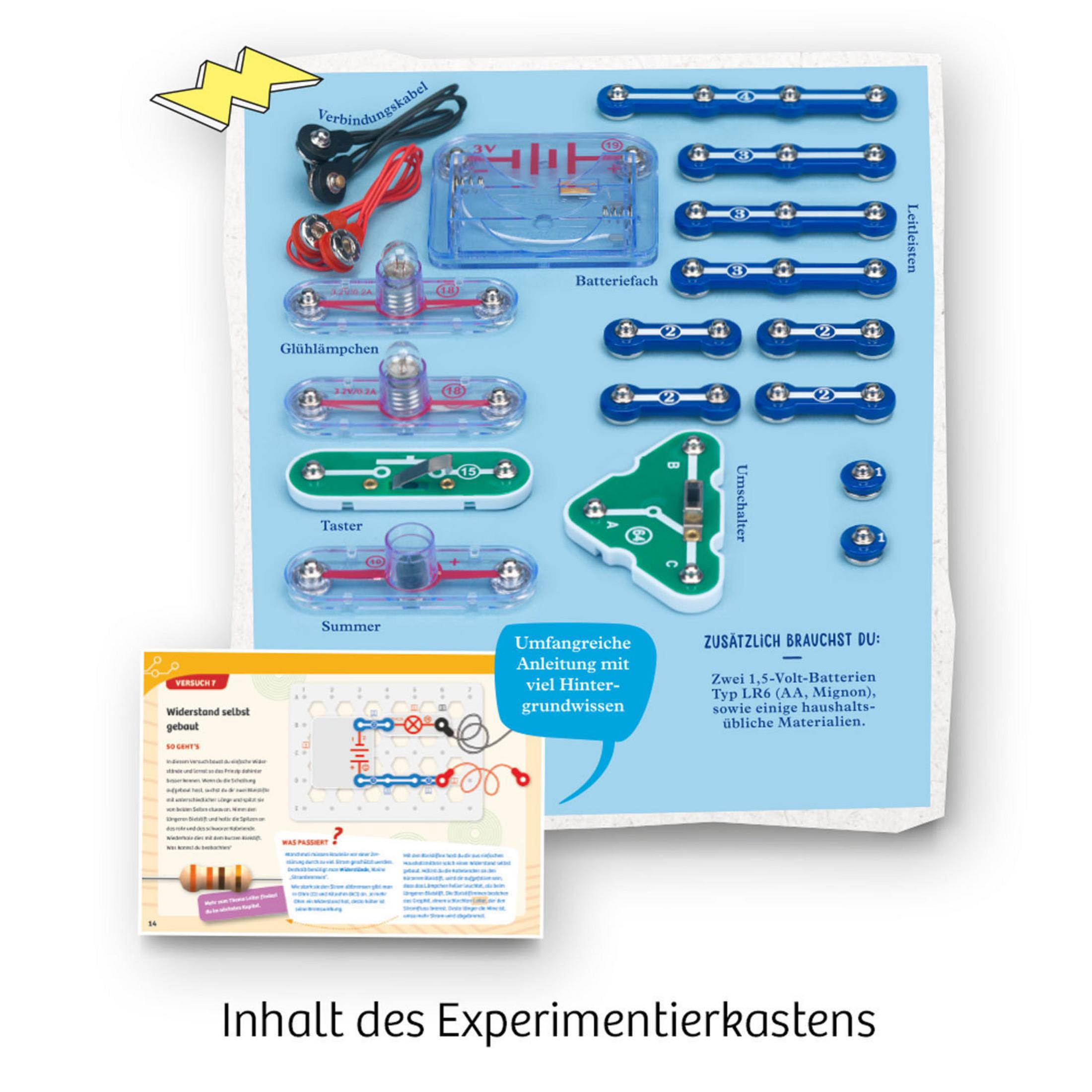 Ein Lern-Kit mit elektrischen Komponenten: Drähte, Batterien, ein Schalter und eine Glühbirne. Text ist vorhanden.