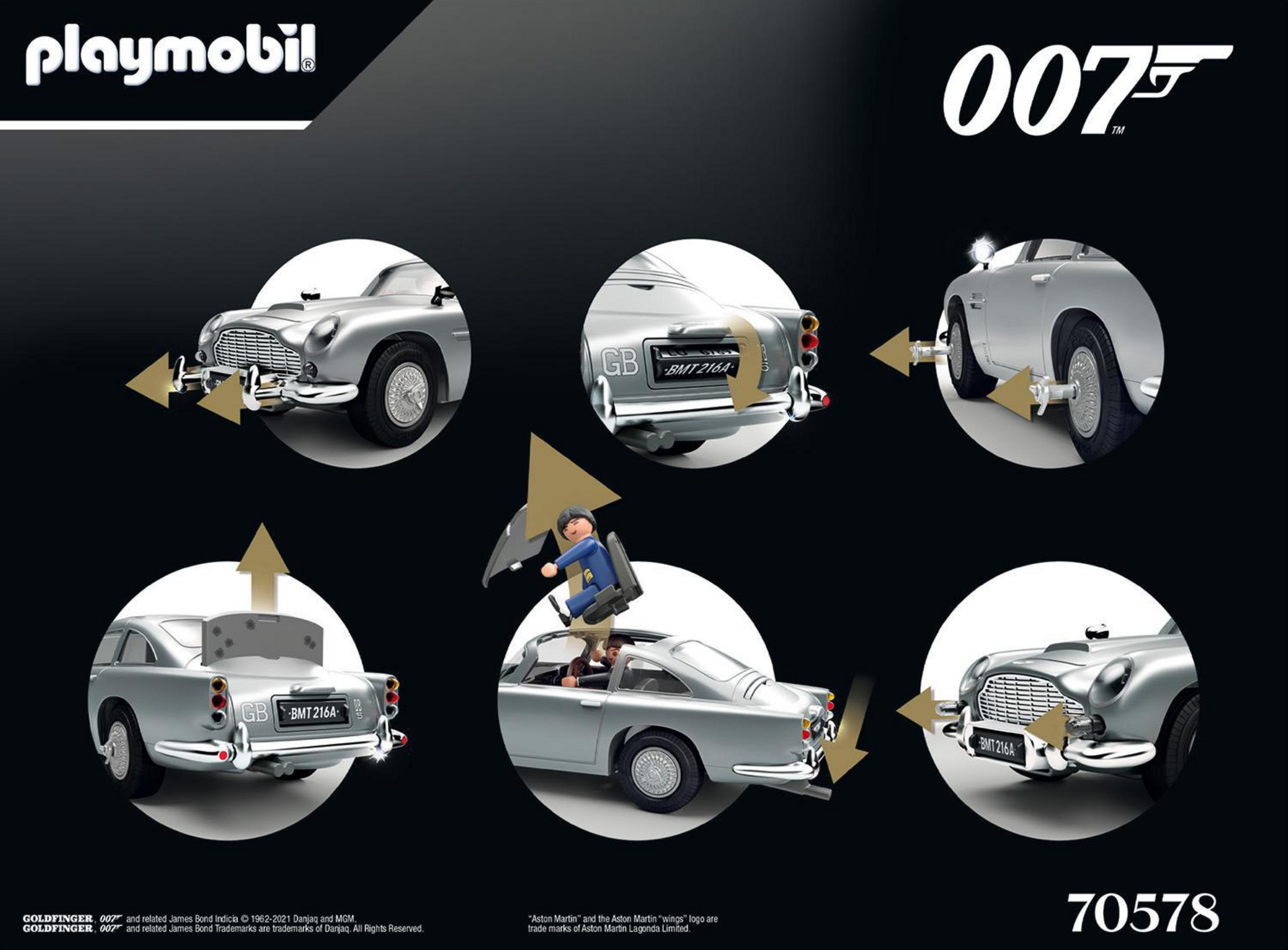 Playmobil 007 set: James Bond in a silver Aston Martin DB5, with multiple views and action shots.