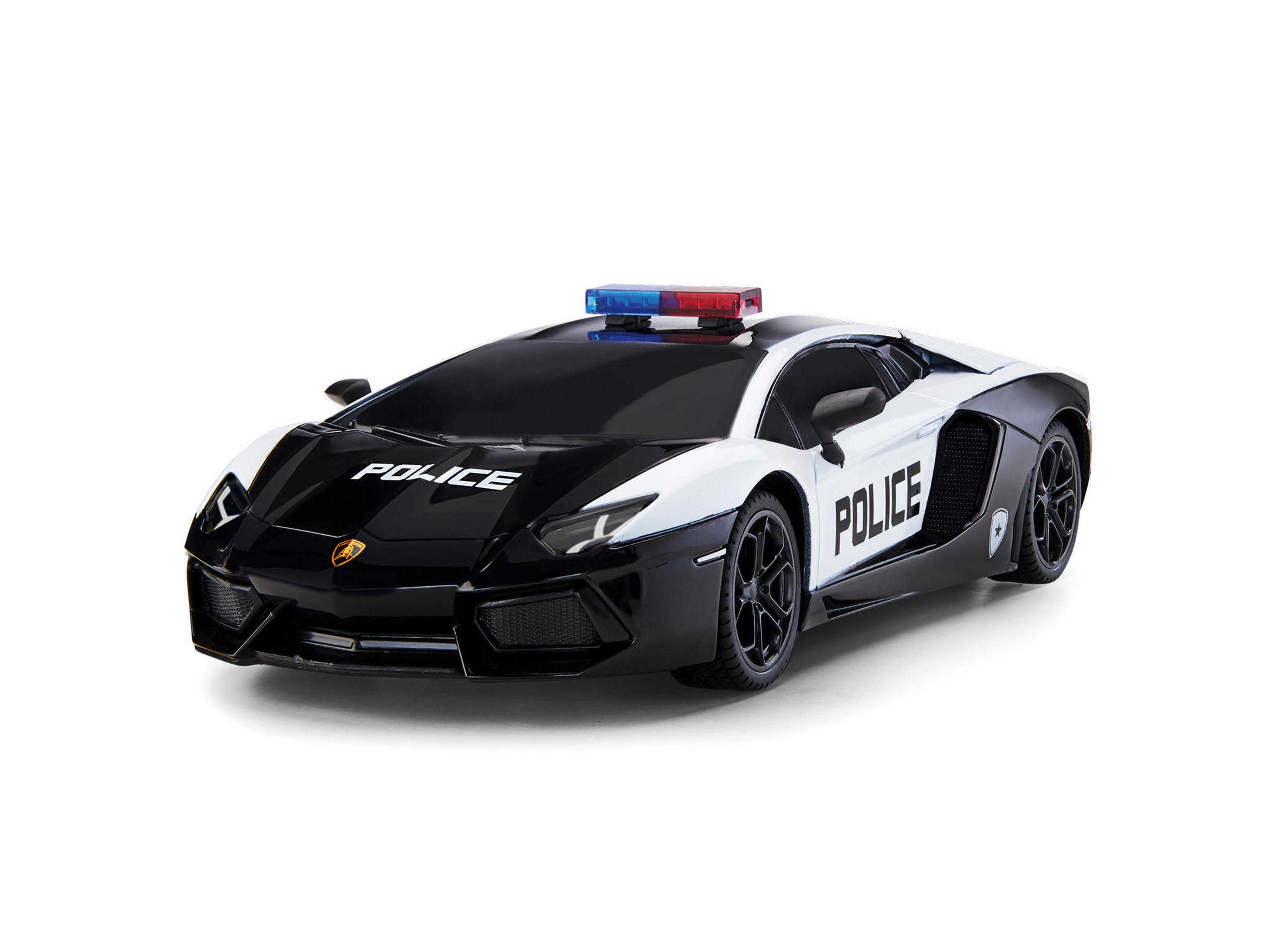 Weißes und schwarzes Polizei Lamborghini Spielzeugauto mit Blinklichtern auf weißem Hintergrund.