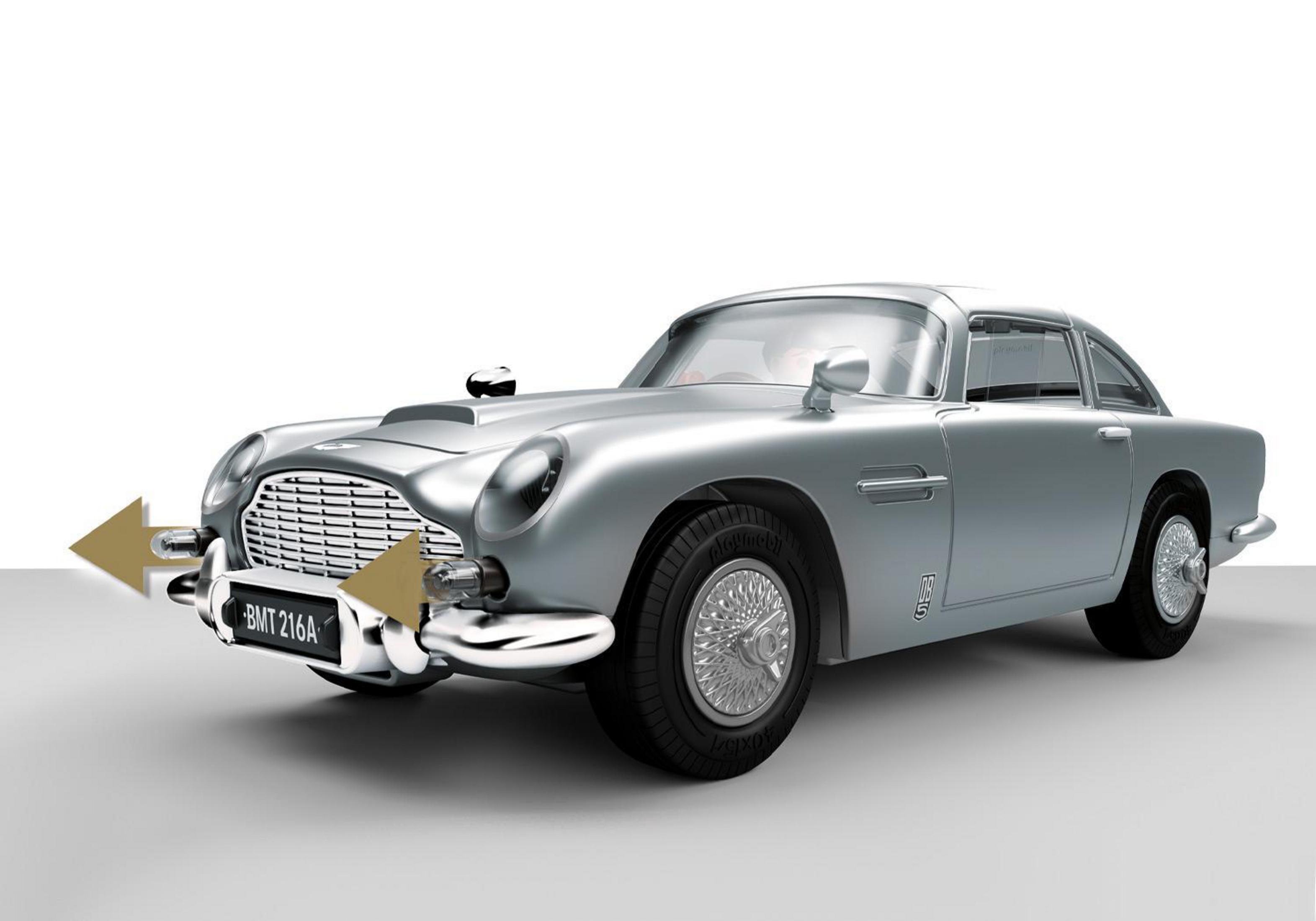 Silver James Bond car. The car has arrows pointing to the front. White background.