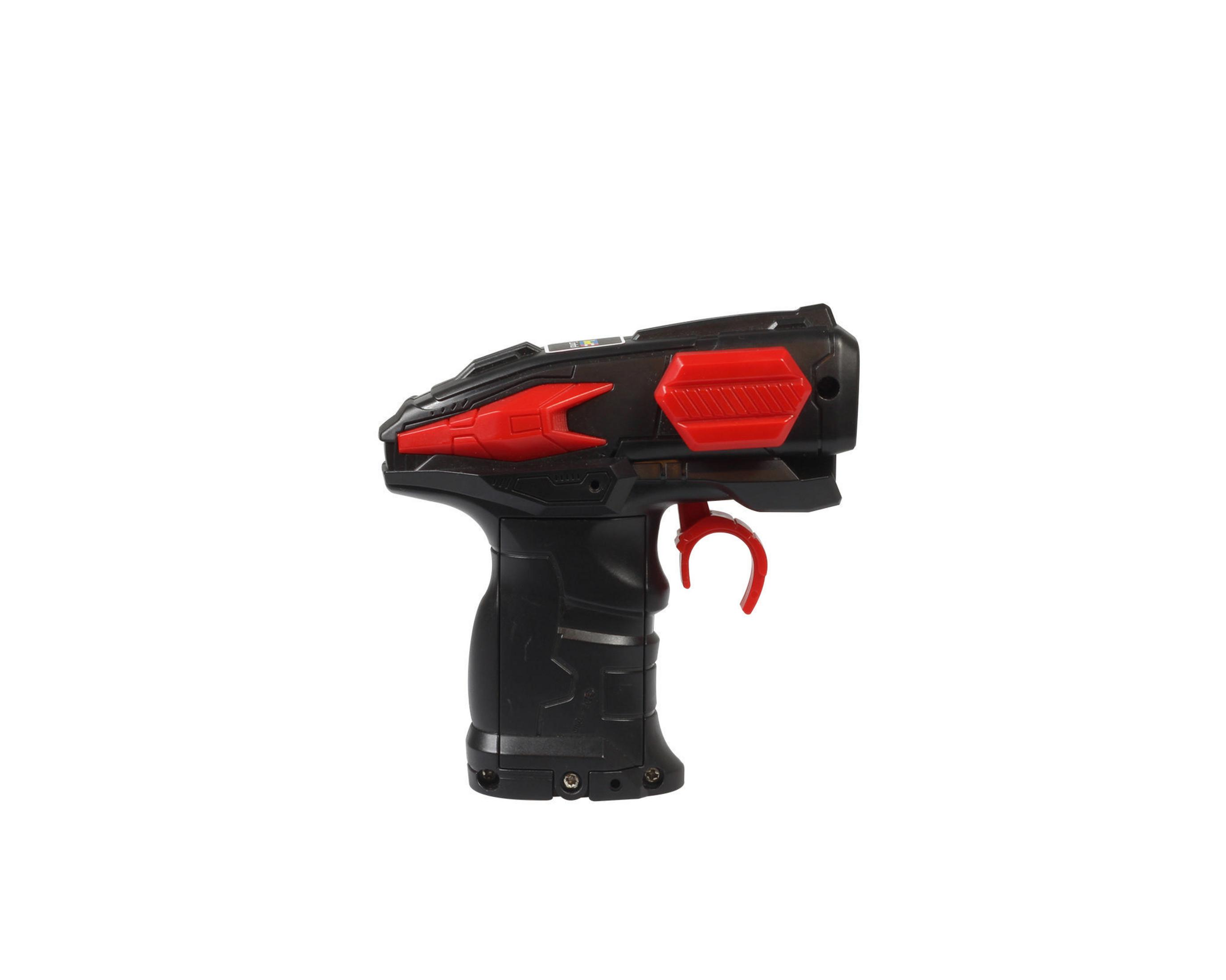 Schwarze und rote Spielzeugpistole auf weißem Untergrund. Der Abzug ist rot.