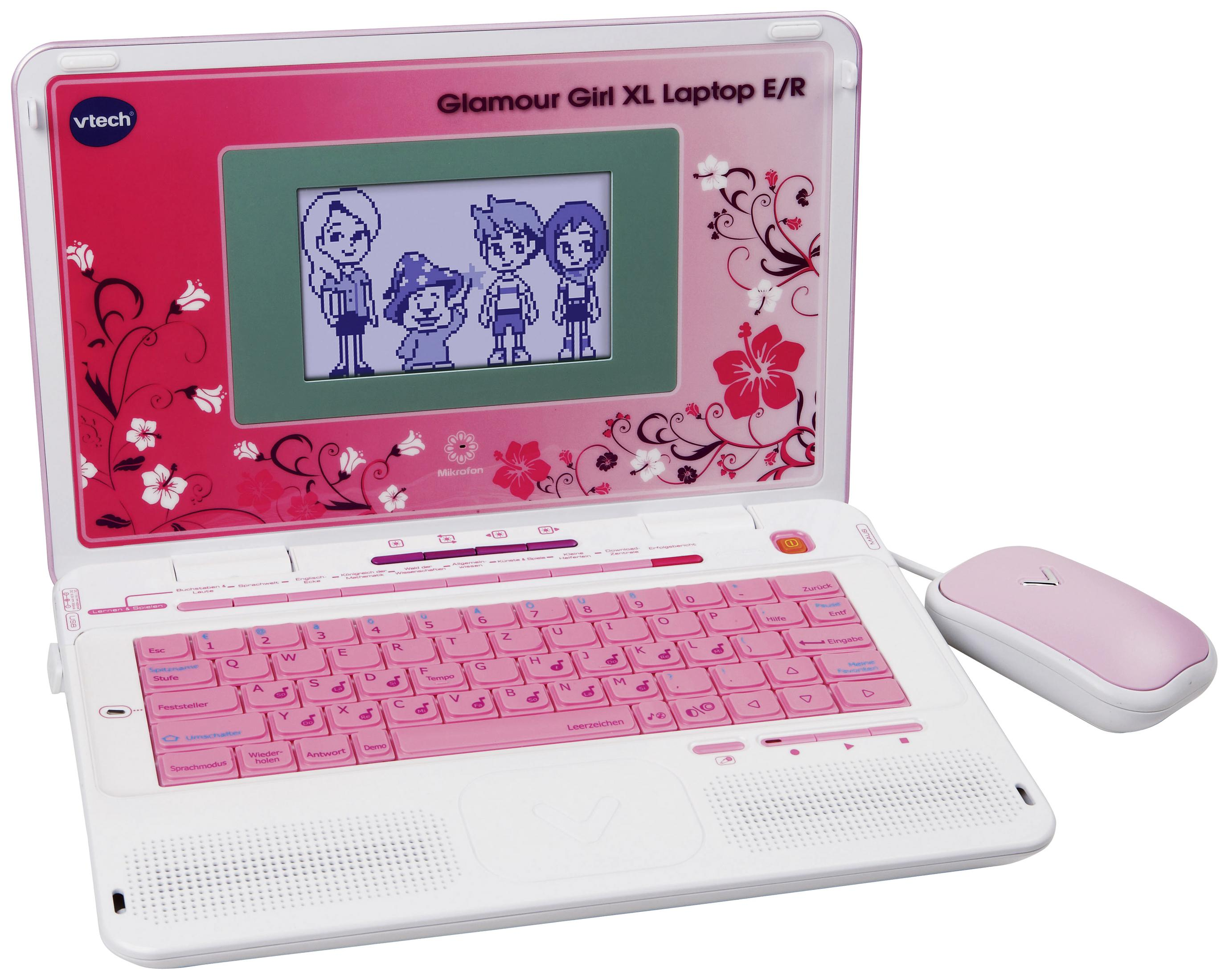 Rosa-weißer Glamour Girl XL Laptop. Der Bildschirm zeigt Cartoonfiguren und hat eine rosa Tastatur.