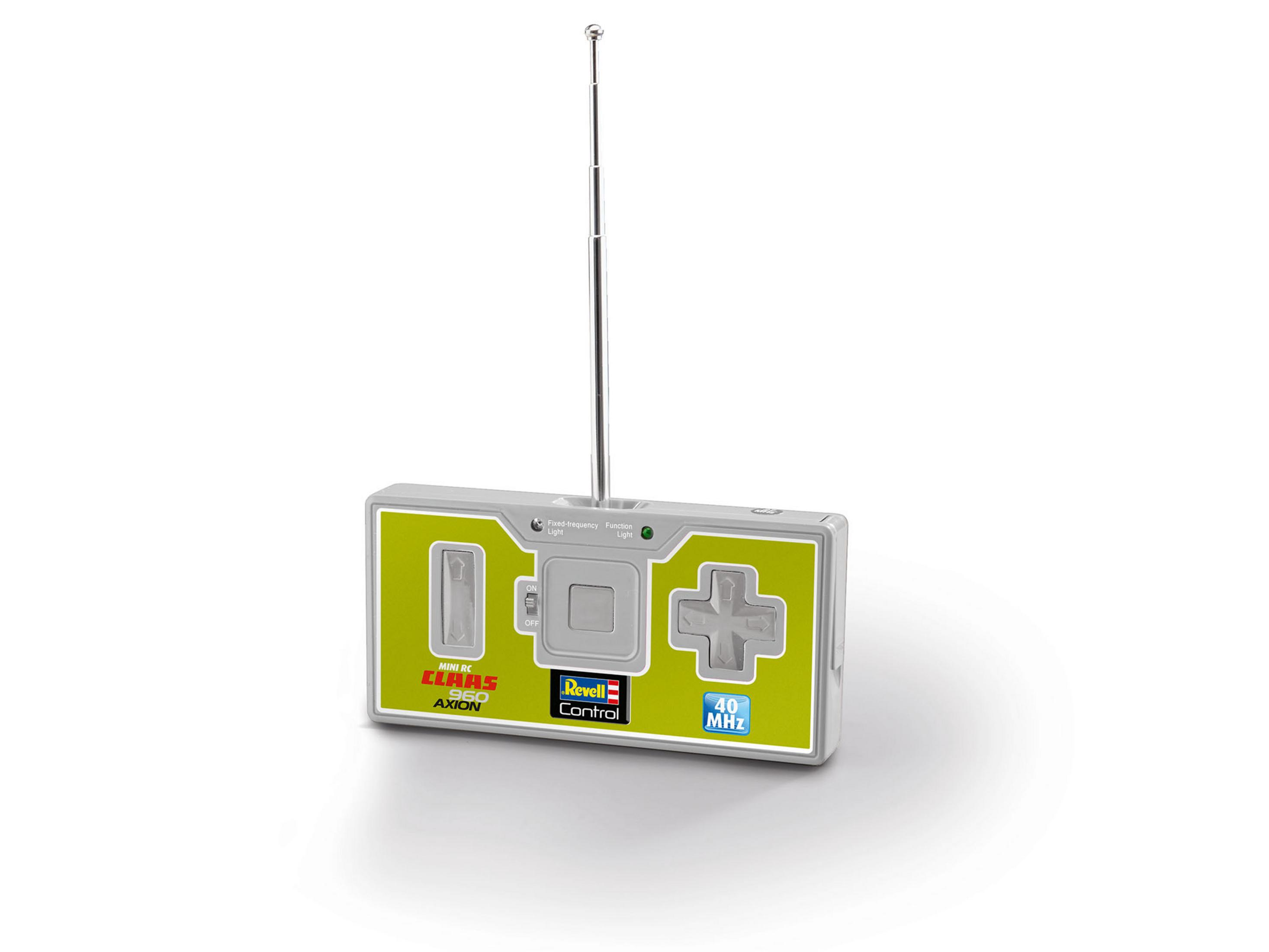 Control remoto con una antena sobre un fondo blanco. El control remoto es gris con borde verde.