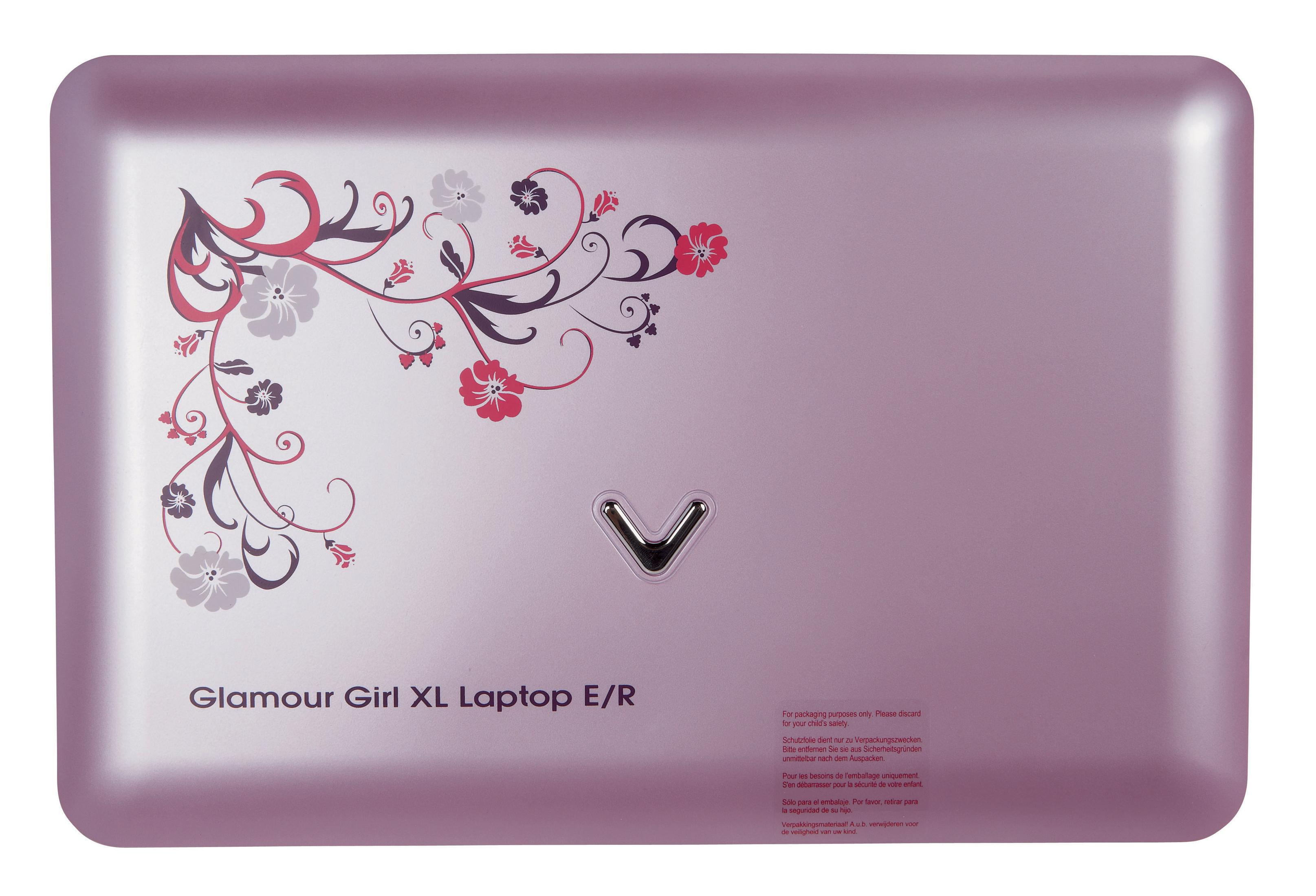 Ein pinkfarbener Laptop. Blumenmuster auf der Oberseite. Der Markenname ist Glamour Girl XL Laptop E/R.