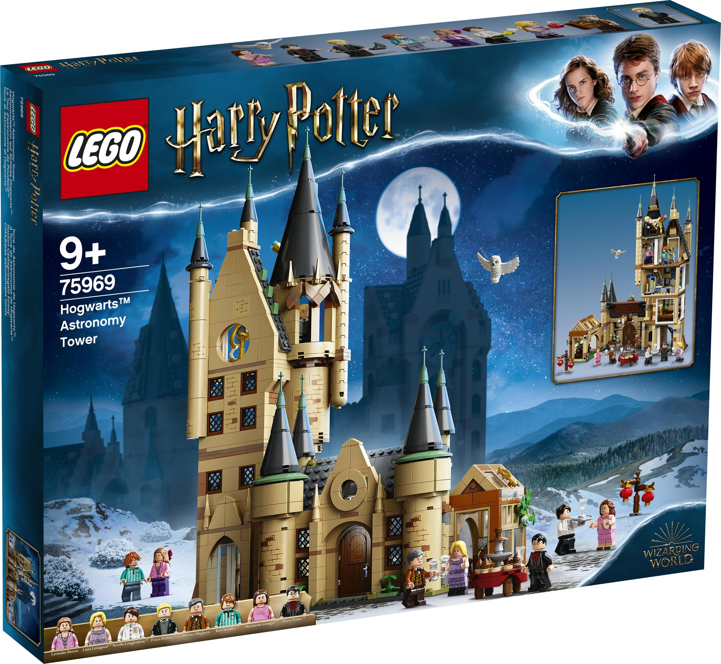 Set LEGO Harry Potter: Torre di Astronomia di Hogwarts, personaggi, sfondo paesaggio innevato.