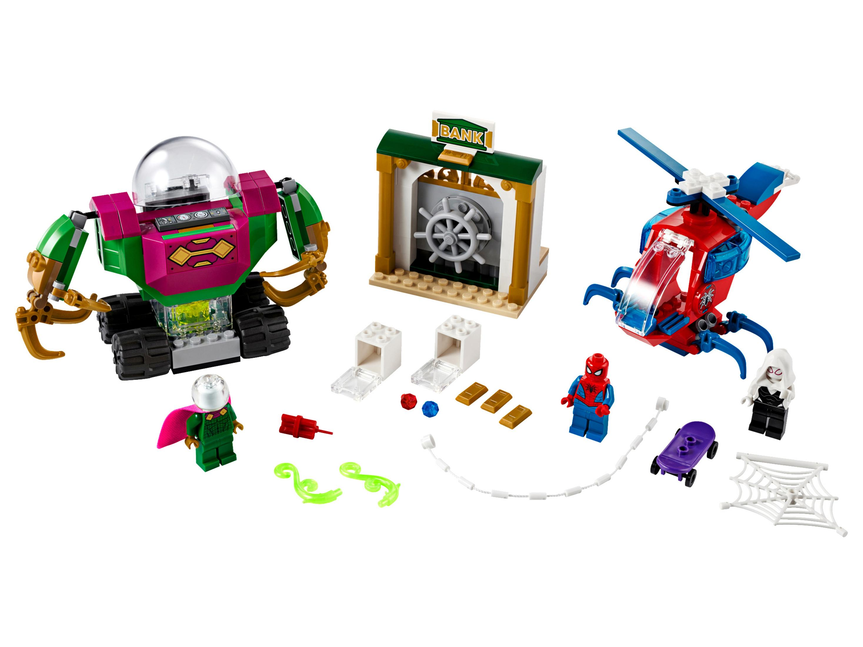 Lego-Set mit Spider-Man, Mysterio, Bank, Hubschrauber und anderen Figuren.