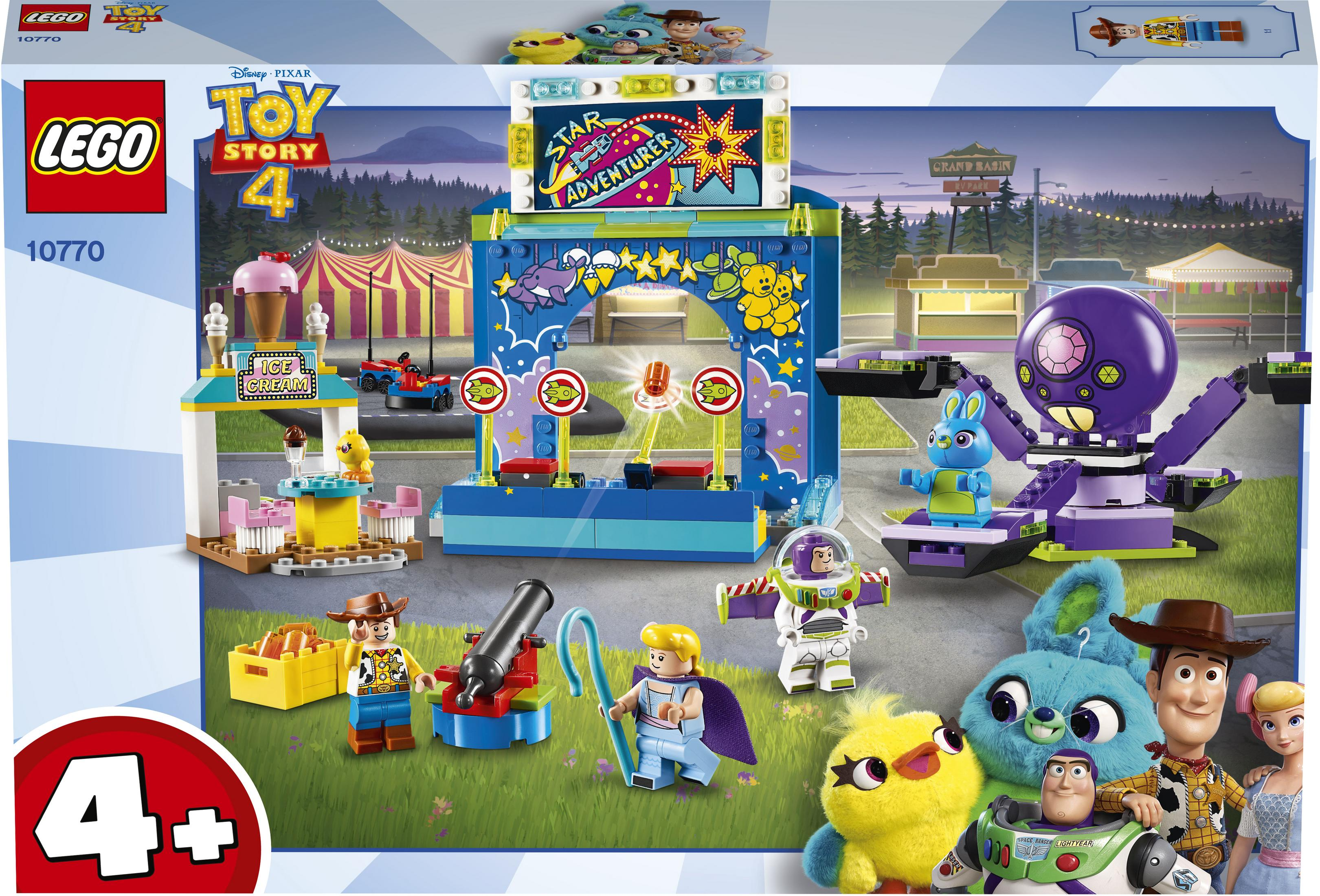 Pudełko zestawu LEGO Toy Story 4 przedstawiające scenę karnawału z postaciami i diabelskim młynem.