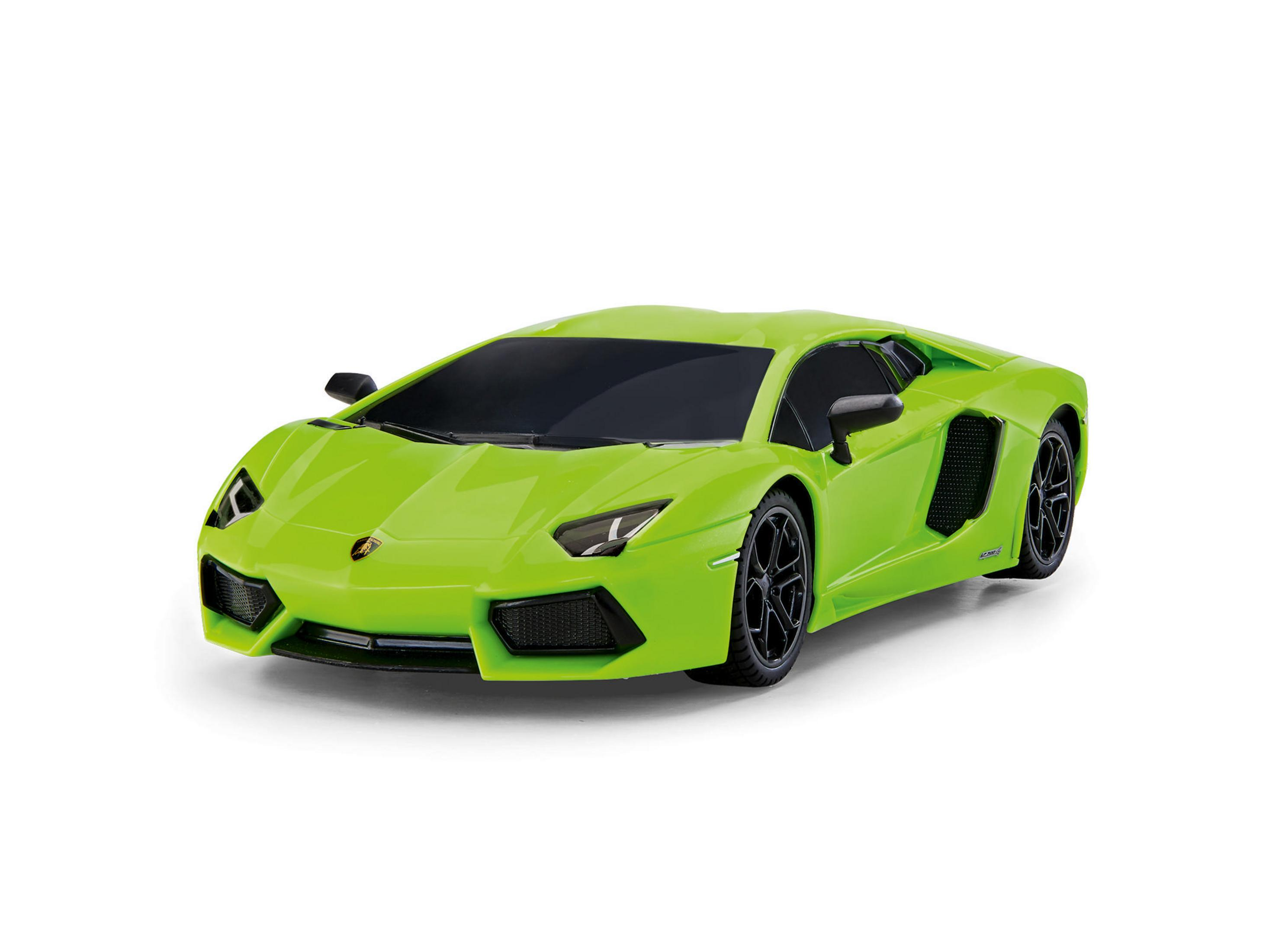 Grünes Lamborghini-Automodell isoliert auf weißem Hintergrund, Seitenansicht, schlankes Design.
