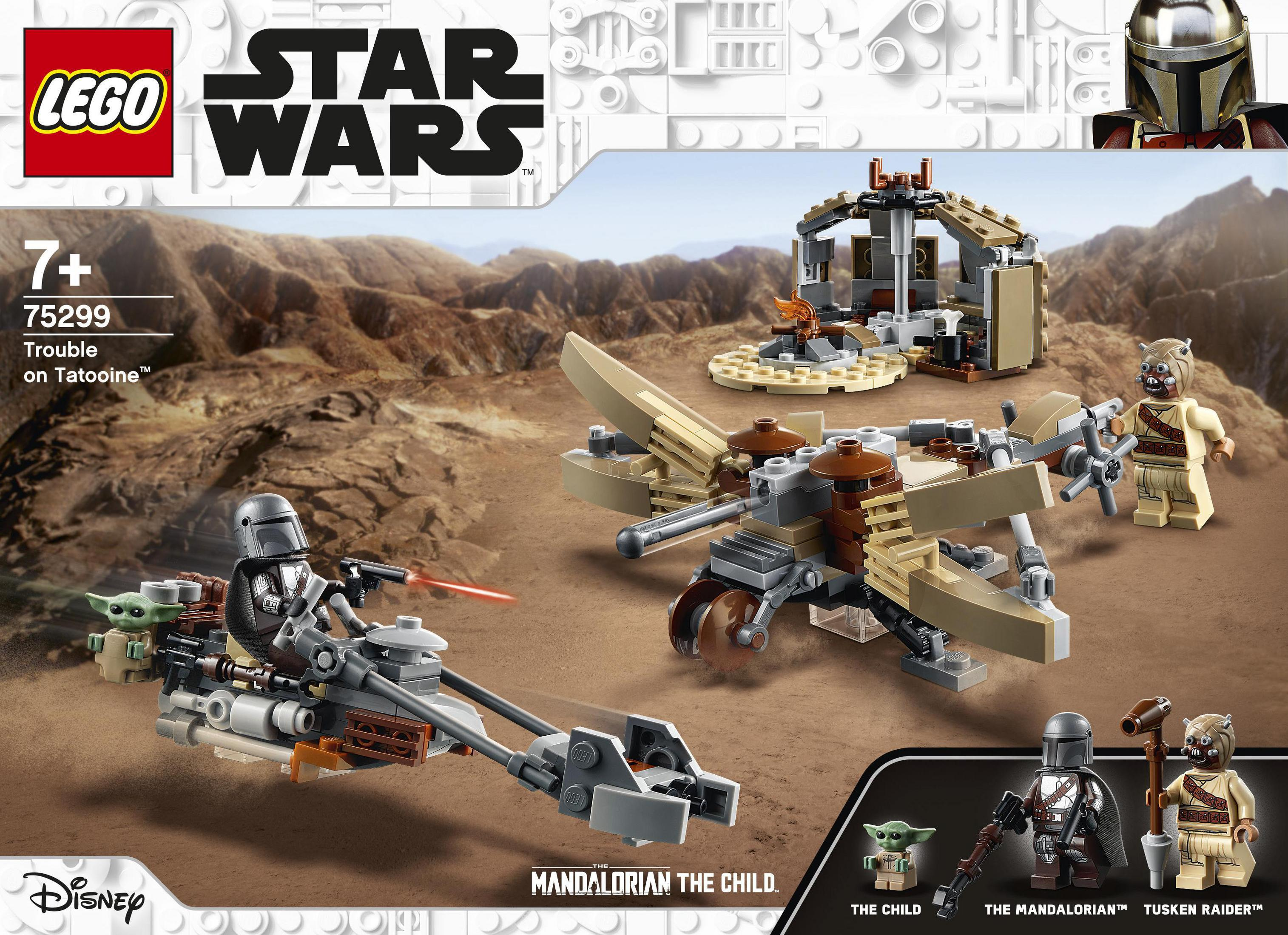 Set LEGO Star Wars: lo speeder del Mandaloriano e una scena desertica con figure.