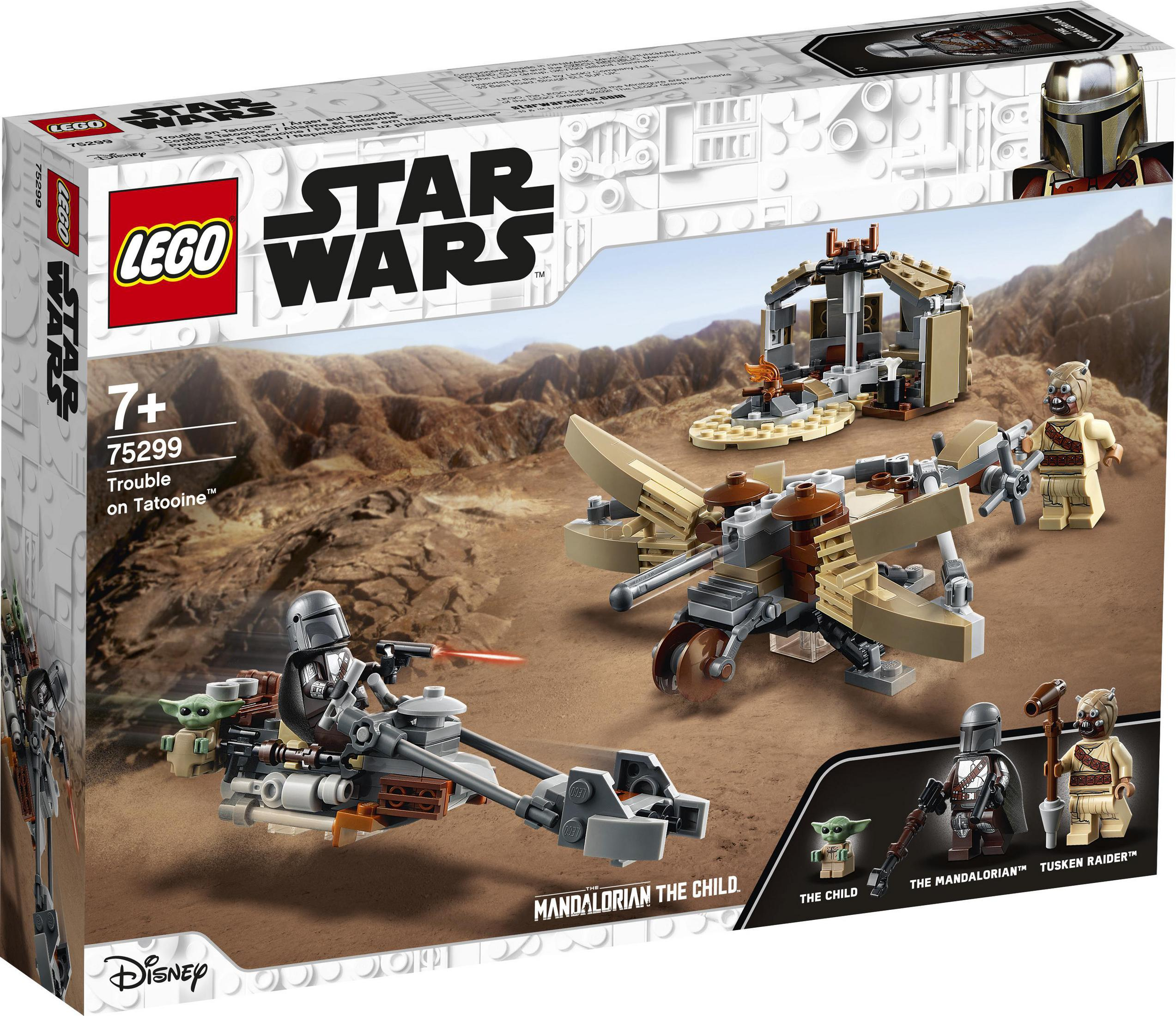 Una scatola del set LEGO Star Wars. Mostra il Mandaloriano con il Bambino e i Tusken Raiders.