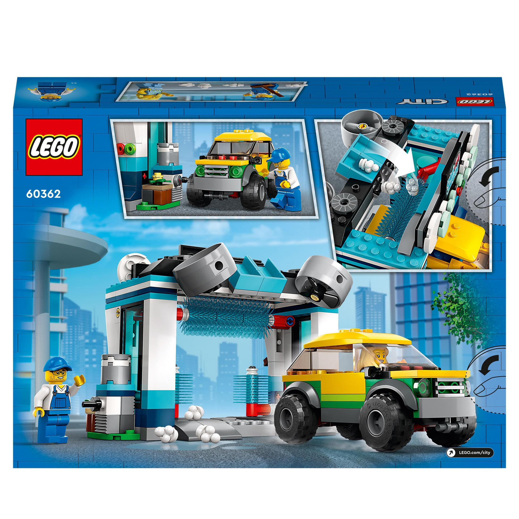 Lego City Autowasch-Set. Enthält ein gelbes Auto, Figuren und Autowaschstrukturen.
