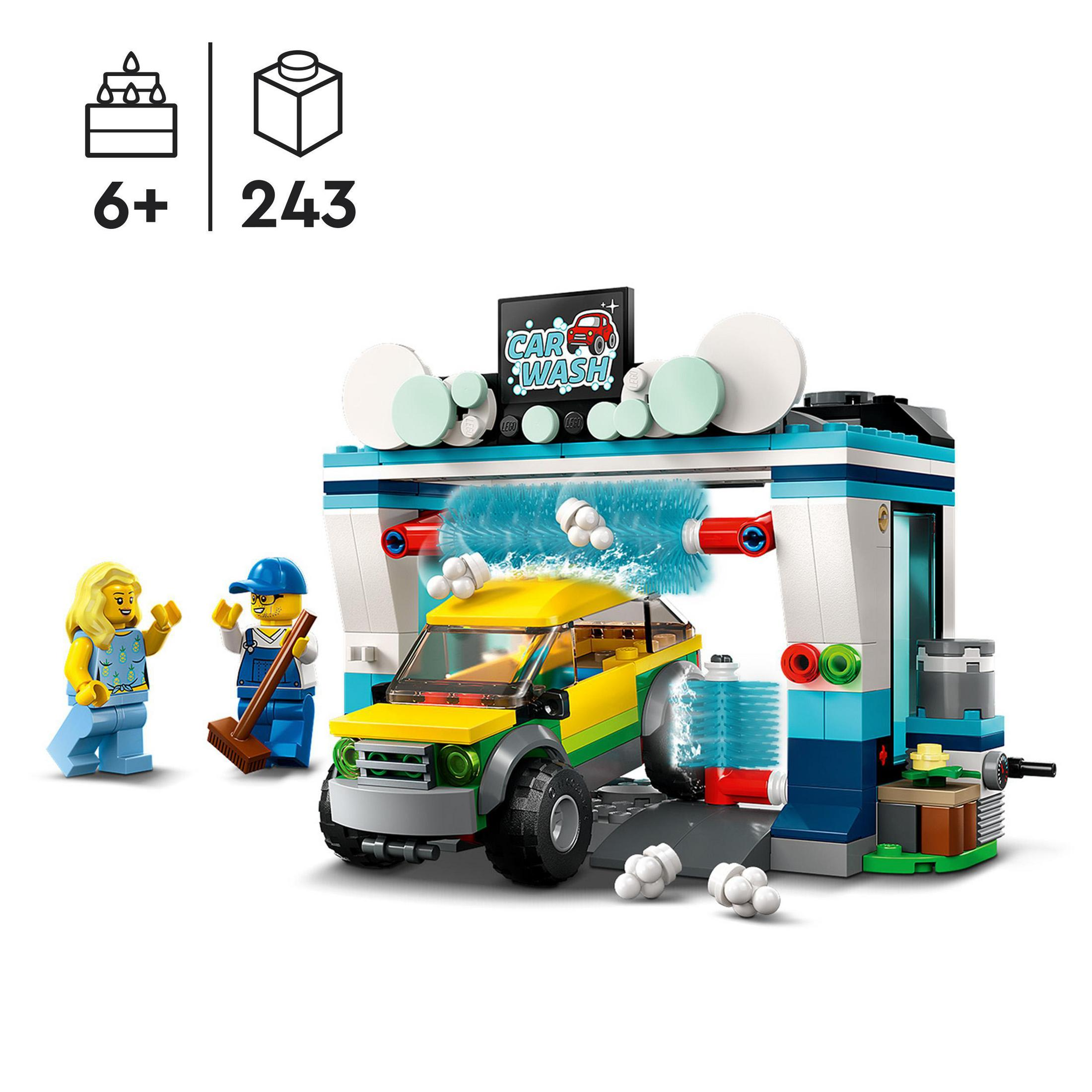 Lego-Waschanlagenset mit Figuren und einem gelben Auto vor weißem Hintergrund.