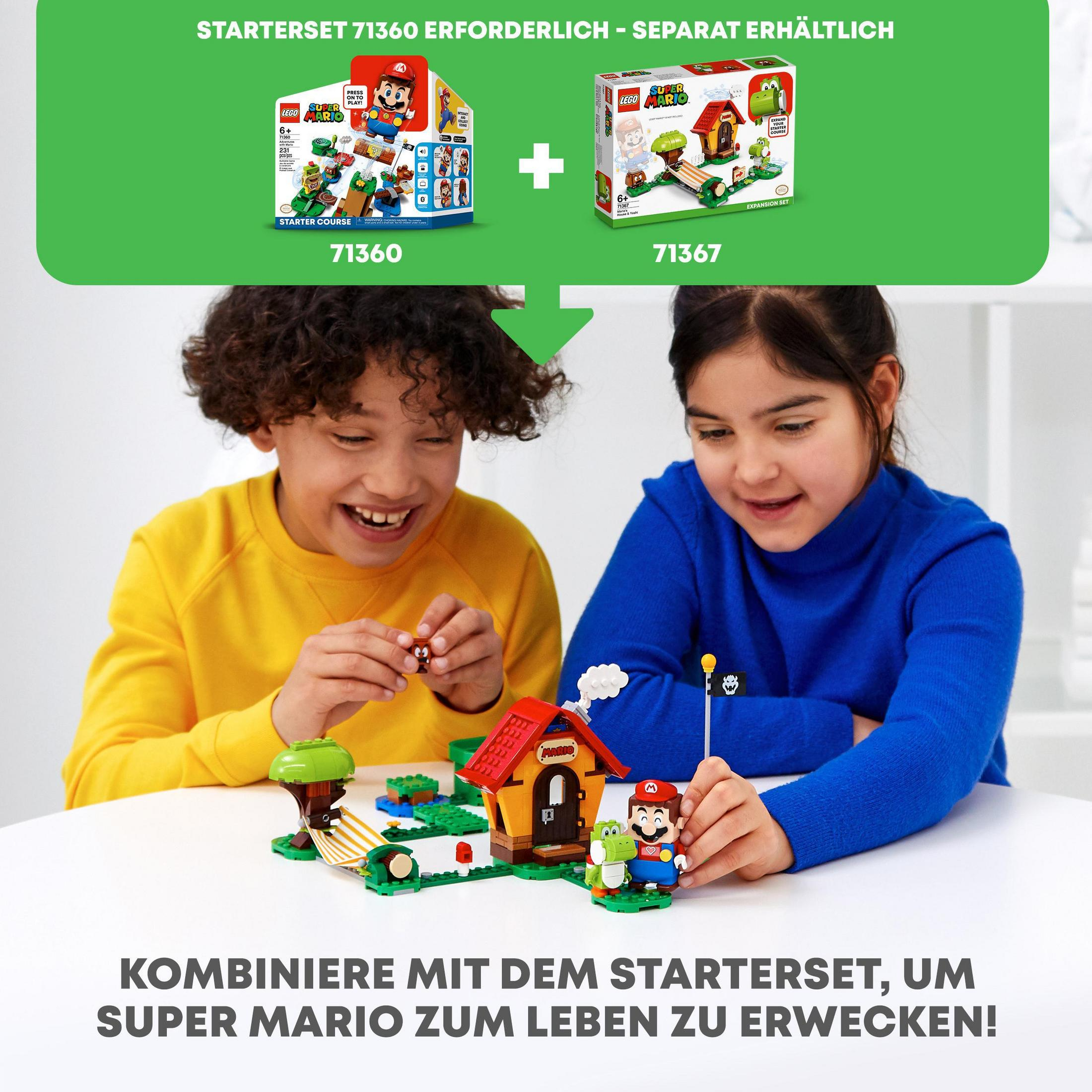Dos niños construyendo sets de LEGO Mario. Uno sostiene una figura de Mario. Cajas de LEGO en el fondo.