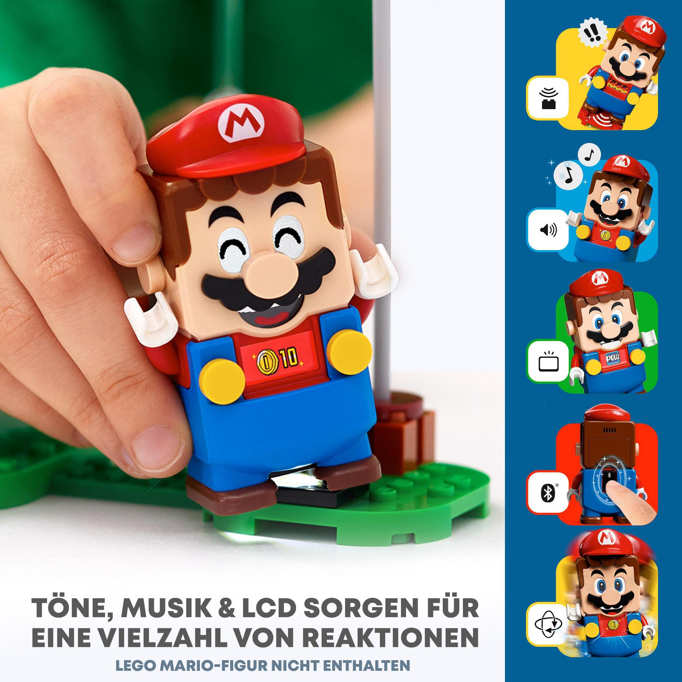Una figura de Lego Mario con varias reacciones, rodeada de iconos. El fondo es una placa base verde.