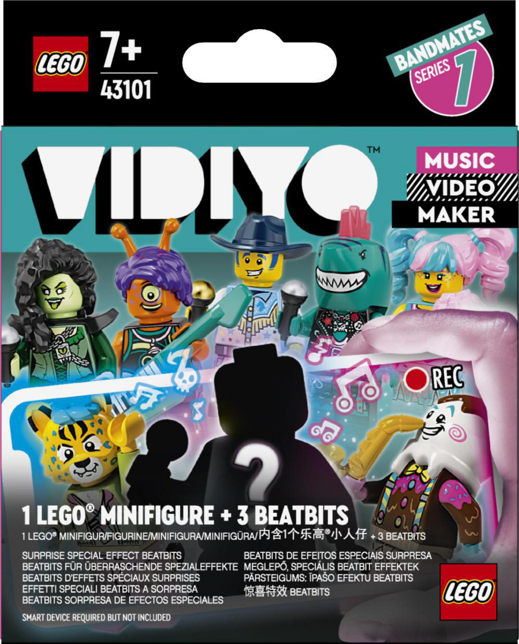 Eine LEGO Vidiyo-Box mit Minifiguren und den Worten 'Music Video Maker' auf pinkem Hintergrund.