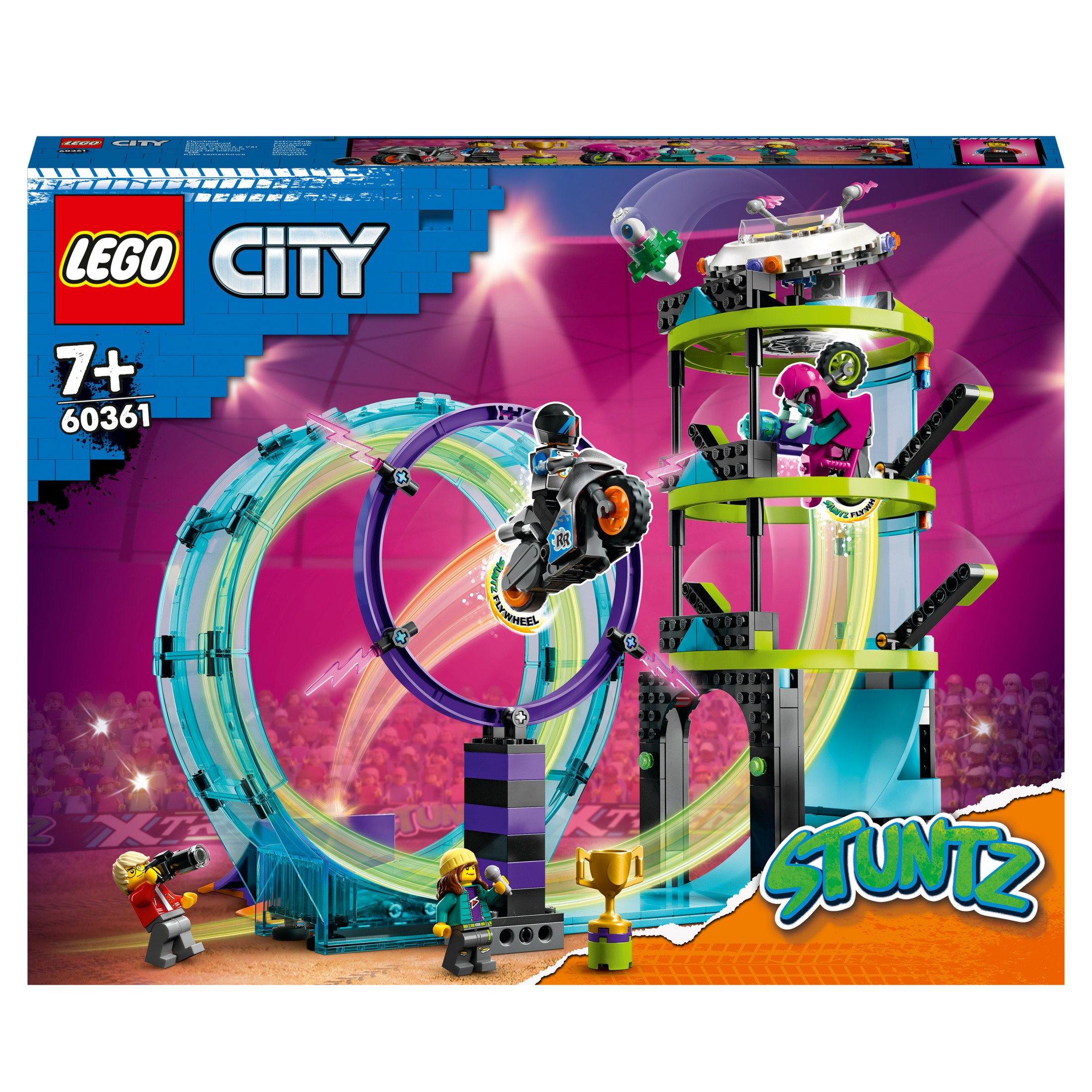 Lego City Stuntz seti kutusu. Döngü, motosiklet ve minifigürlerle bir dublör parkuru içerir.