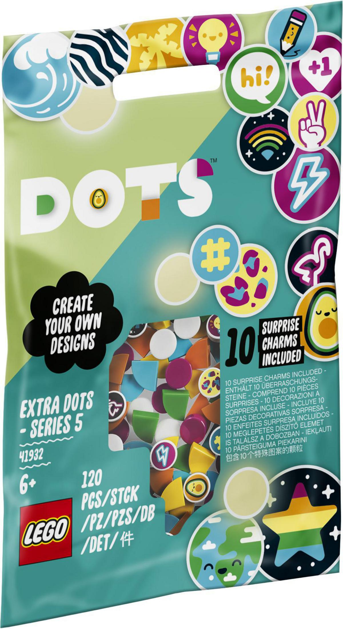 Torba Lego Dots: Różne kolorowe, dekoracyjne zawieszki. Torba mówi „Create Your Own Designs”.