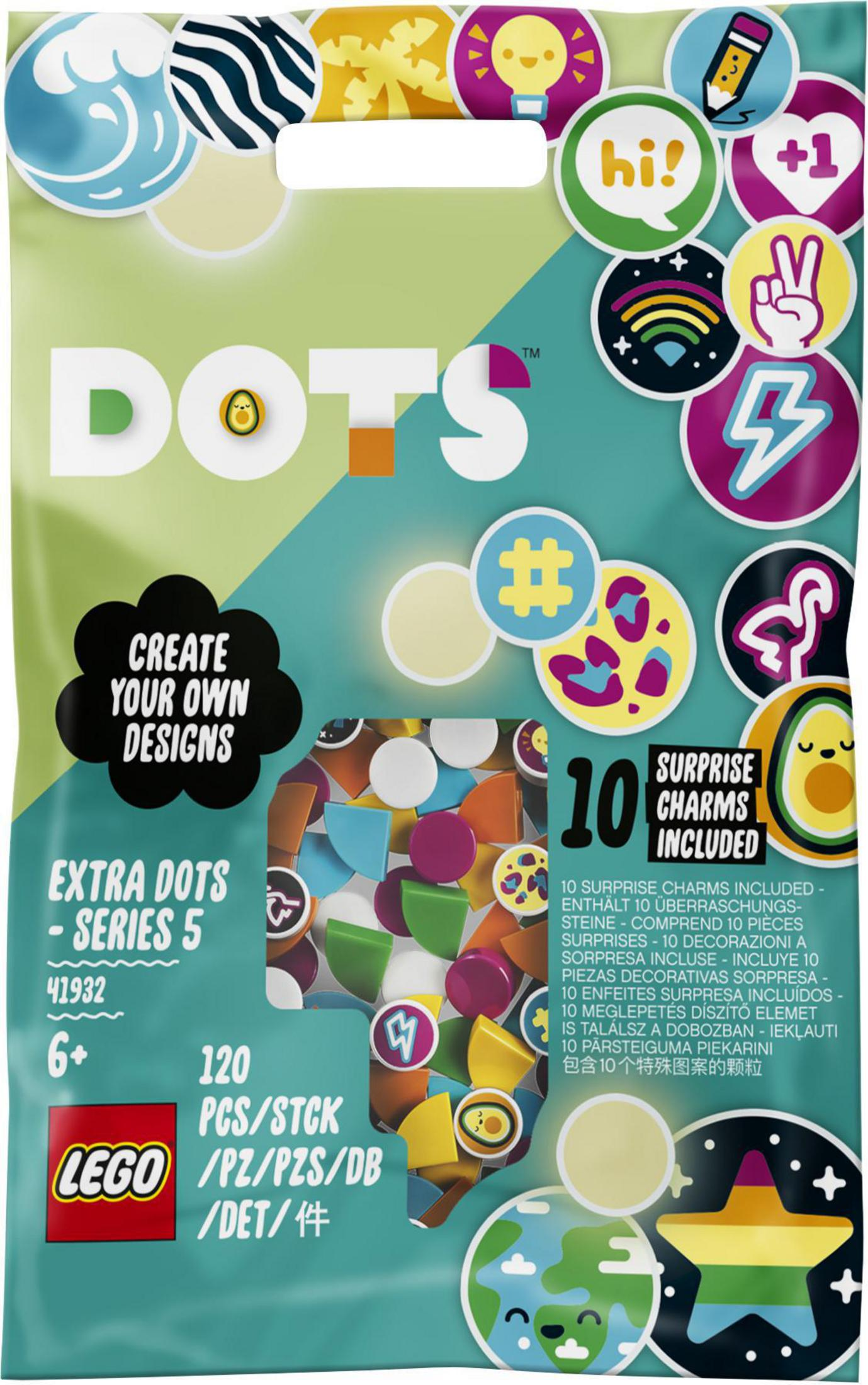 Torba Lego Dots. Zawiera kolorowe płytki kołowe z emoji i wzorami. Tekst: Twórz własne projekty.