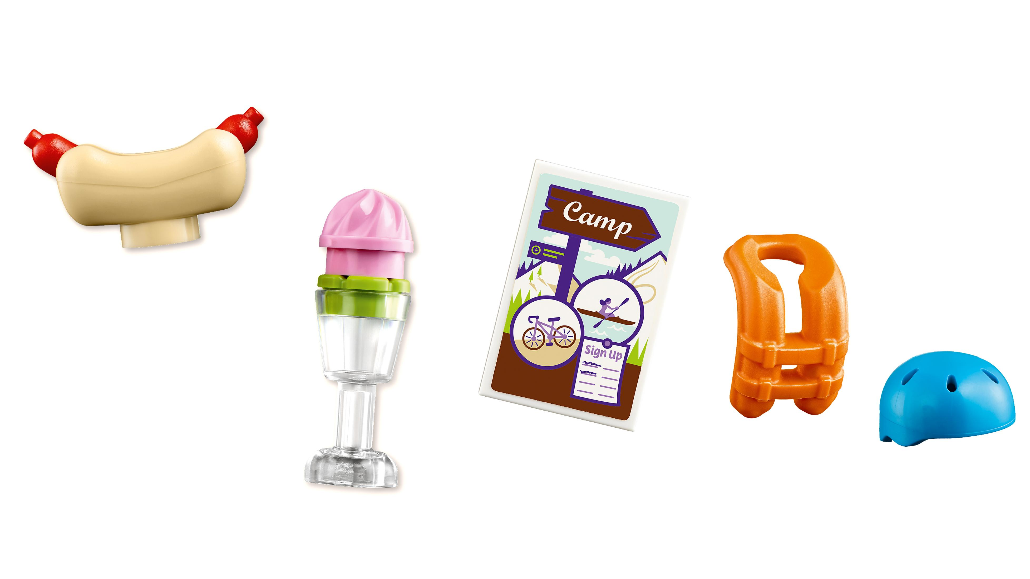LEGO Friends set öğeleri: sosisli sandviç, dondurma, tabela, can yeleği ve mavi bir kask.
