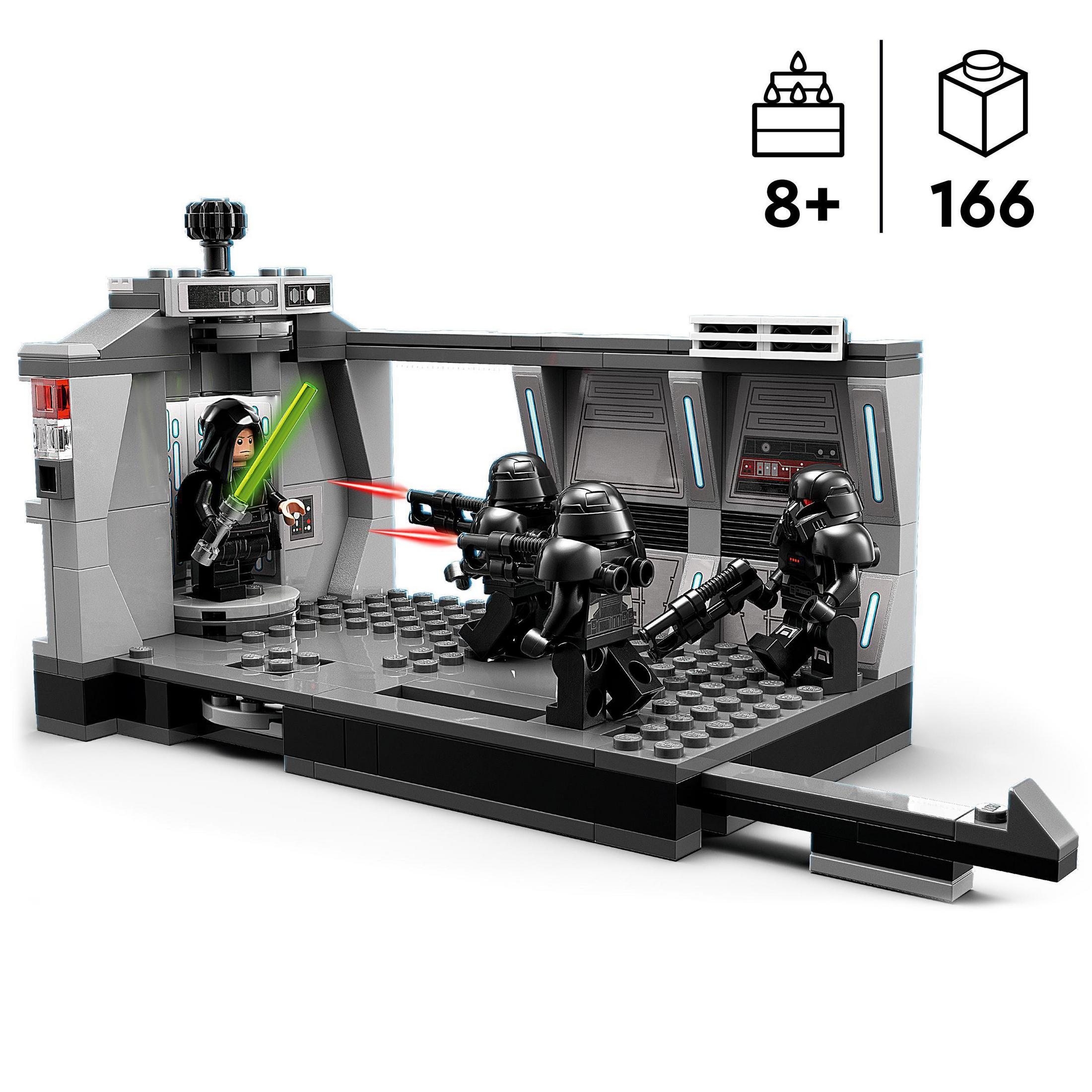 Lego Star Wars Set mit Figuren, einer Kontrollraum-Szene und einem Lichtschwert. Grau-Schwarz-Farbschema.