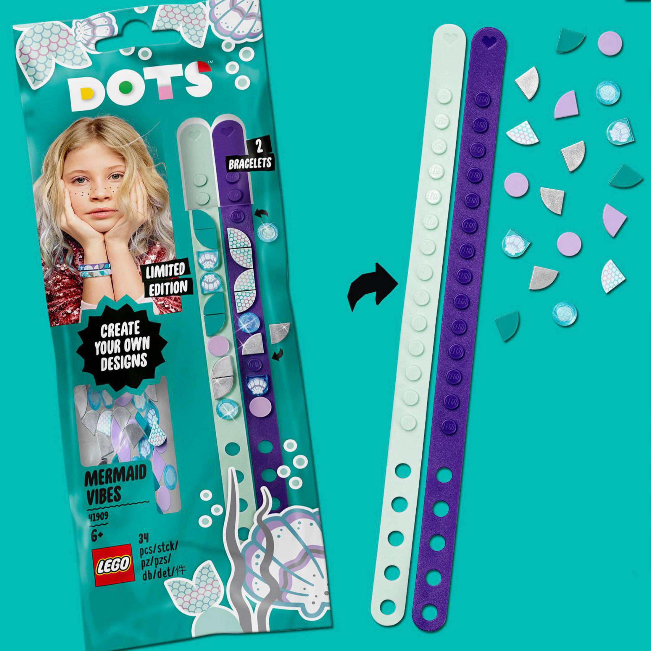Eine Packung LEGO DOTS Armbänder mit einem Mädchen auf der Vorderseite und zwei Armbändern.