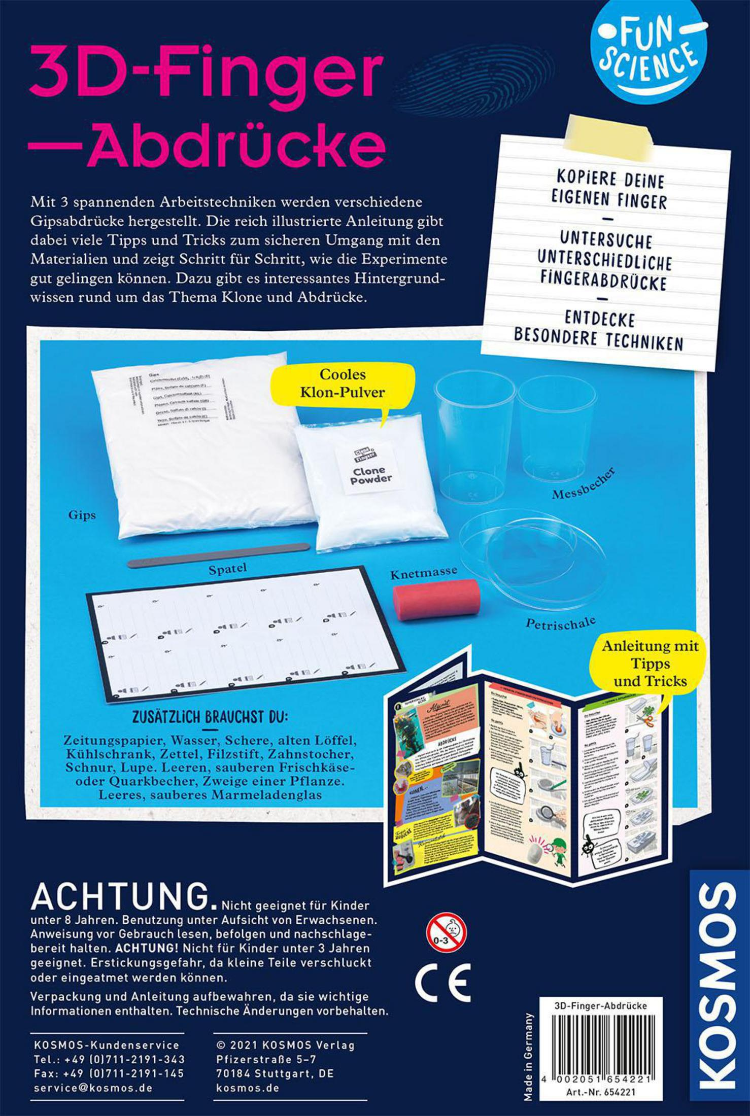 Eine Kosmos 3D-Fingerabdrücke-Box mit verschiedenen Artikeln und Anweisungen auf der Rückseite.